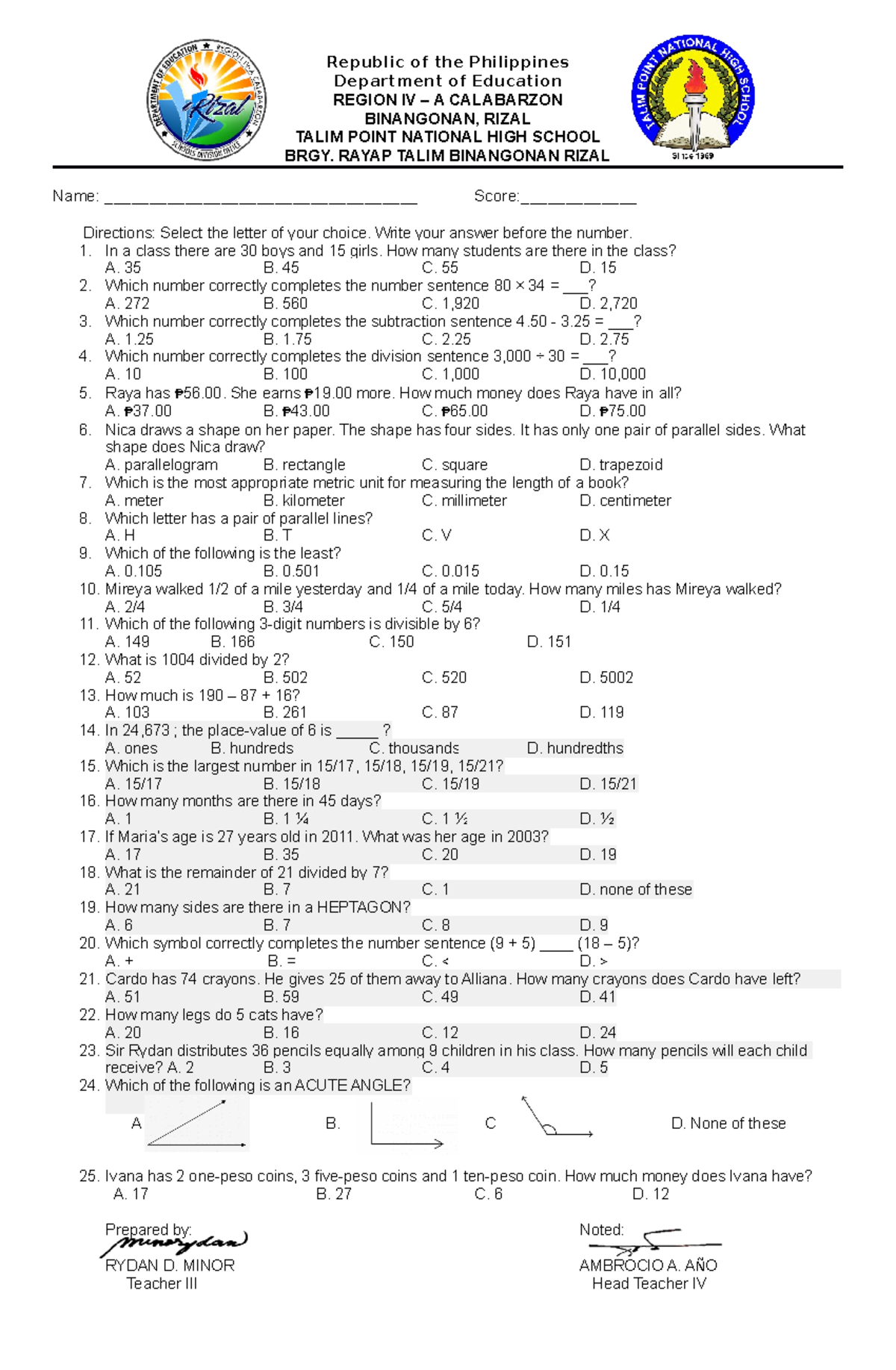 Math Entrance Republic Of The Philippines Department Of Education Region Iv A Calabarzon 8330