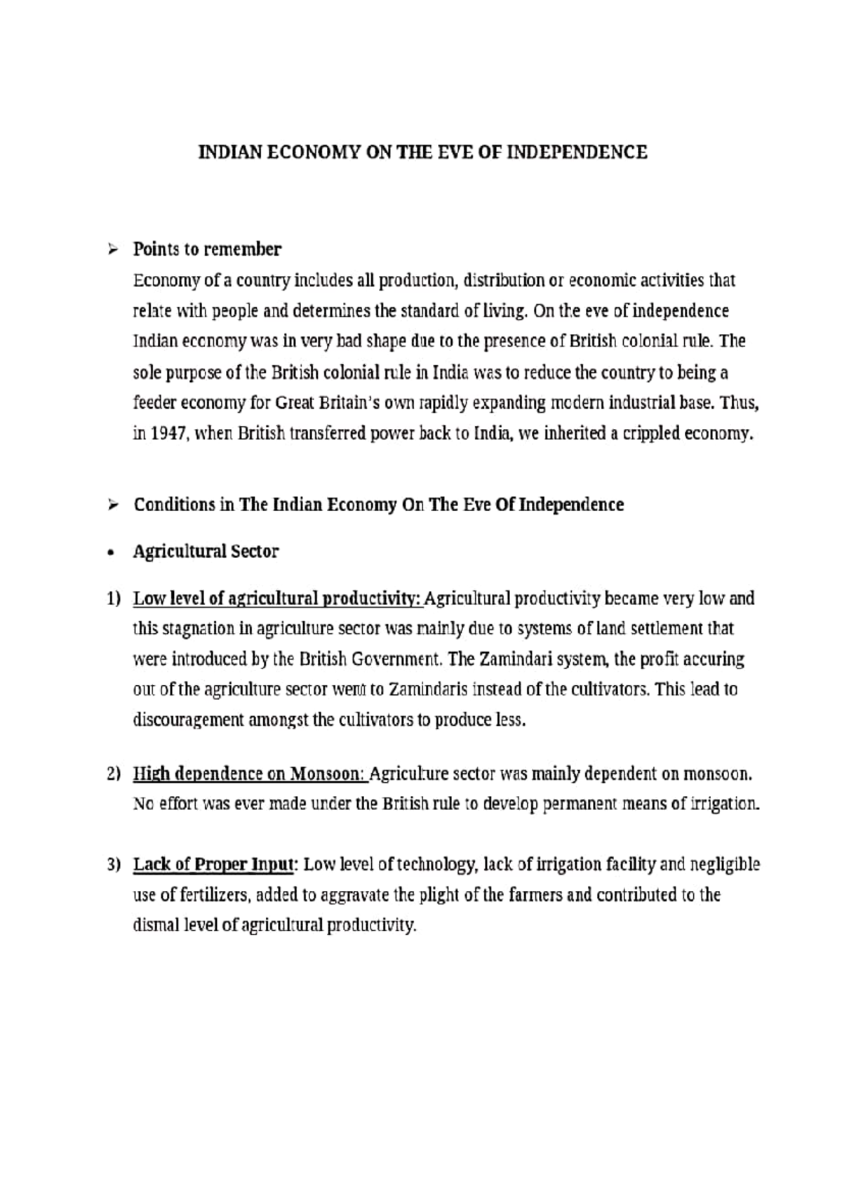 1 - Indiaan economy on the eve of independence - Economics - Studocu
