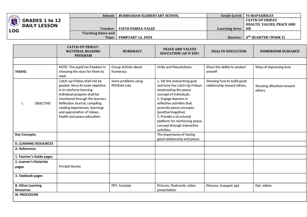 Catch- Upplan February-16-2024 - GRADES 1 to 12 DAILY LESSON LOG School ...