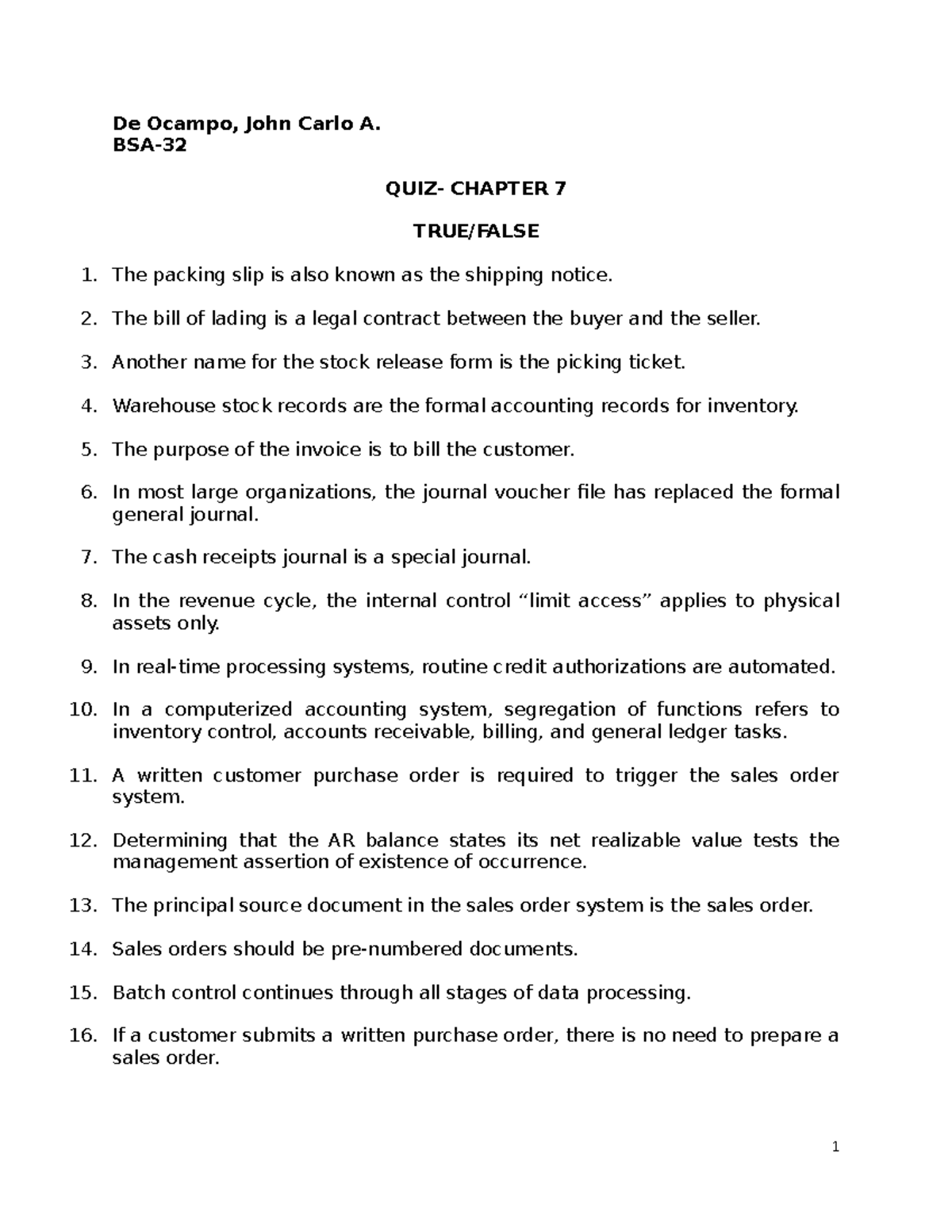 Accounting Information System (quiz 7) De Ocampo, John Carlo A. BSA