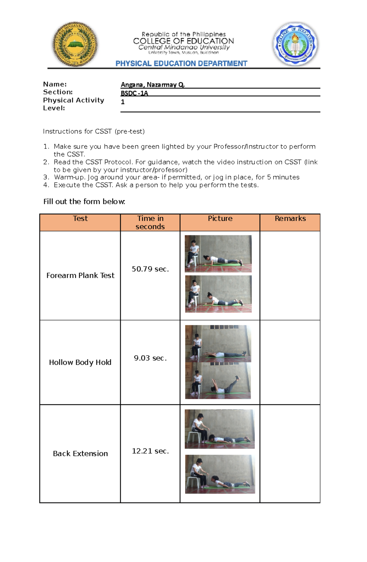 CSST Form Nazar - Name: Section: Physical Activity Level: Instructions ...