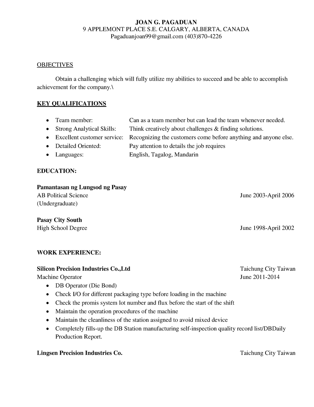 JOAN G. Resume - lecture only - JOAN G. PAGADUAN 9 APPLEMONT PLACE S ...