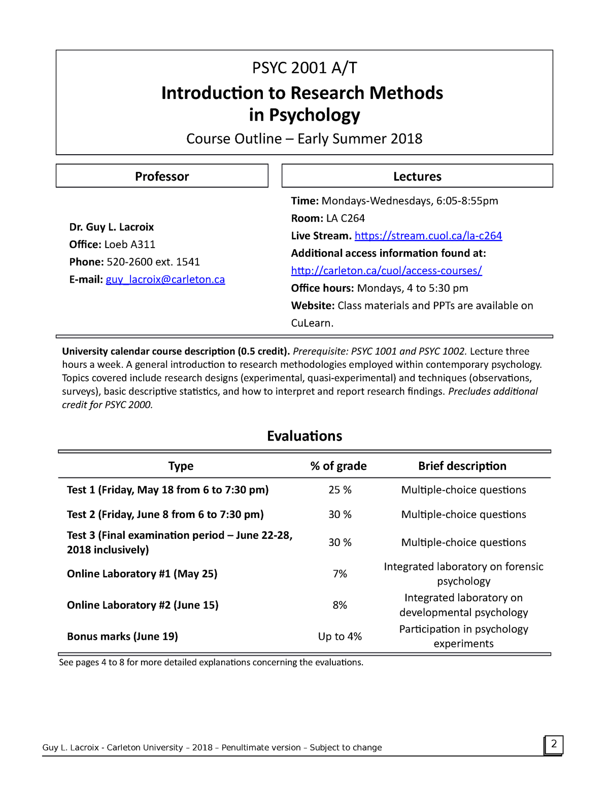 Course Outline PSYC 2001 A/T Introduction to Research Methods in