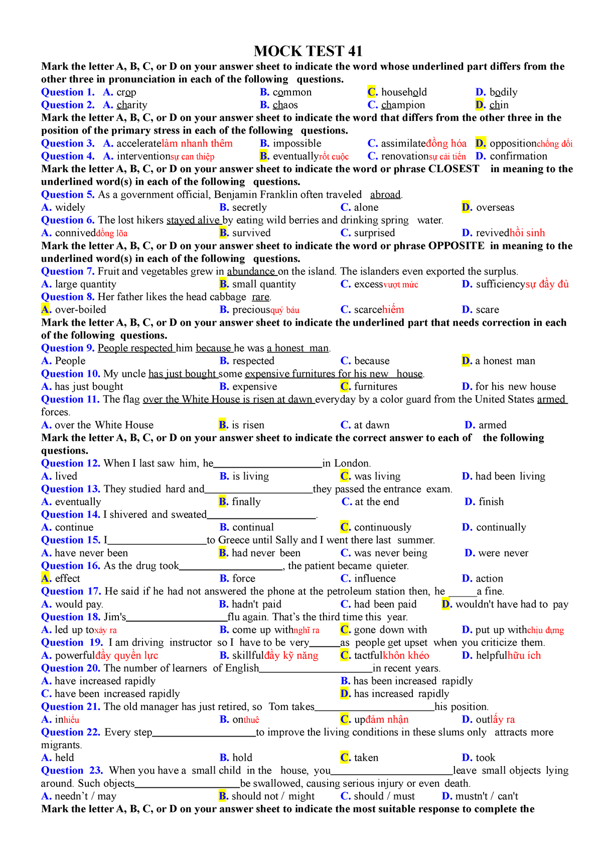 MOCK TEST 41 - Aaaaaaaaaaa - MOCK TEST 41 Mark The Letter A, B, C, Or D ...