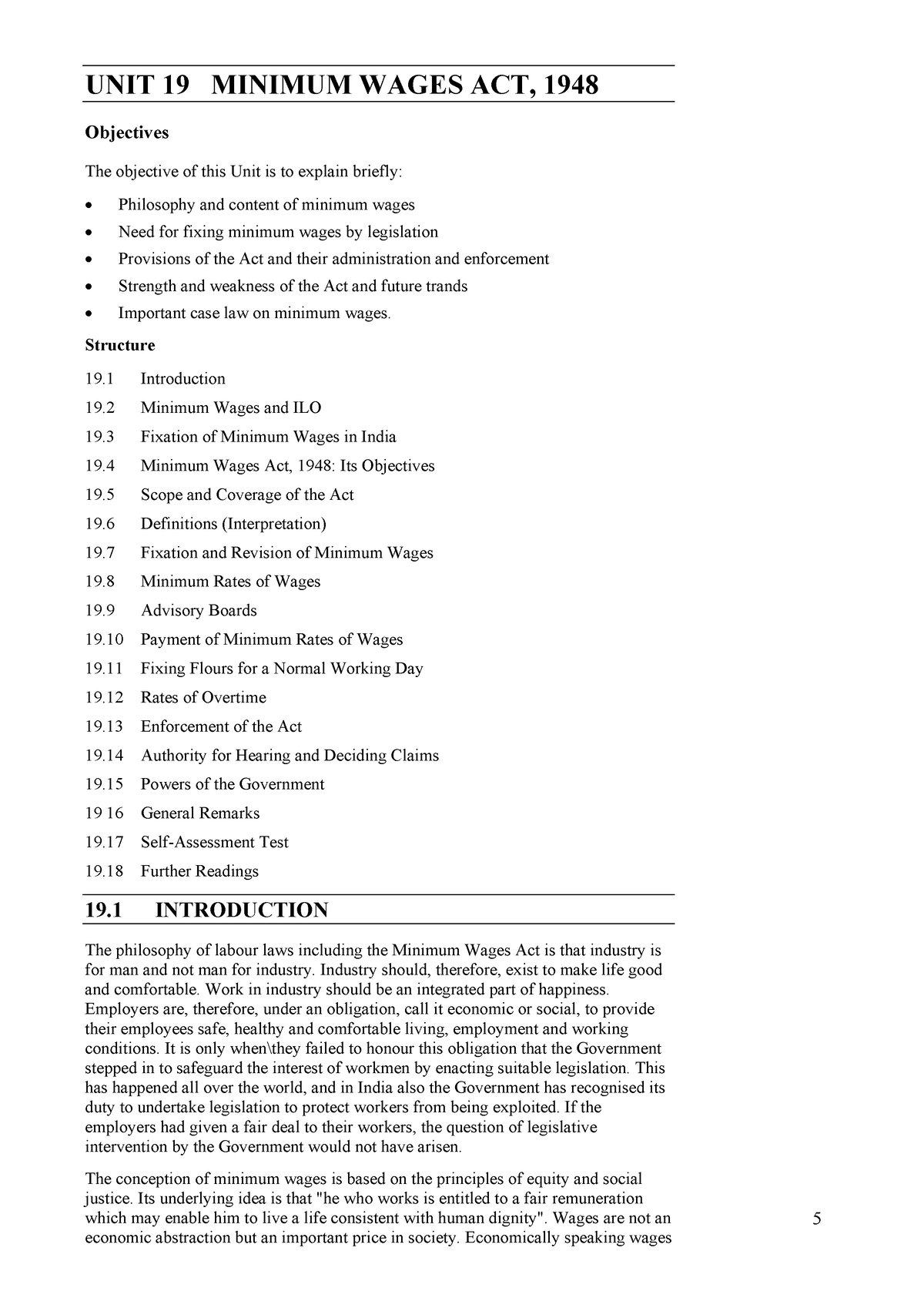 Minimum wage act - Minimum Wages Act, 1948 UNIT 19 MINIMUM WAGES ACT ...