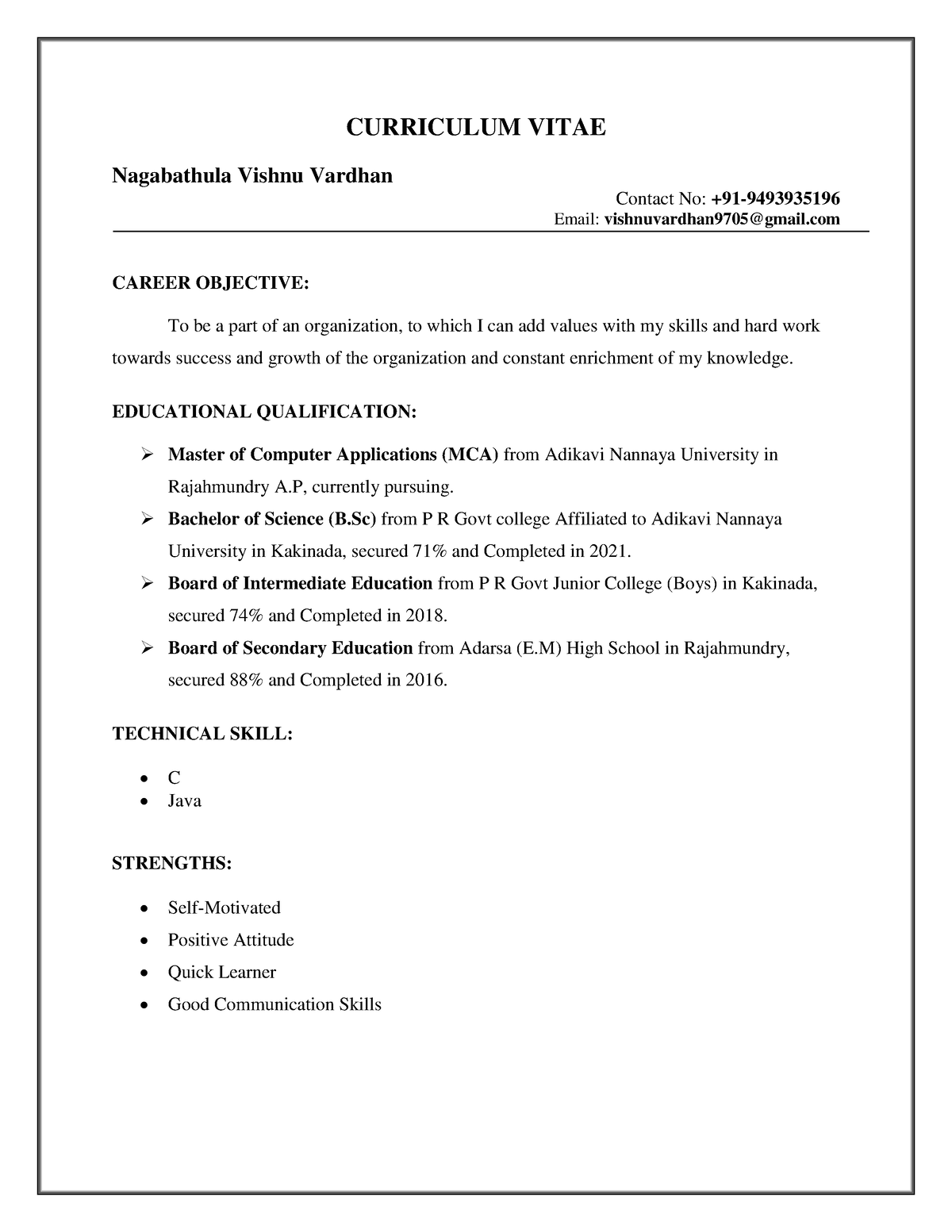 Vishnu cv - nothing - CURRICULUM VITAE Nagabathula Vishnu Vardhan ...