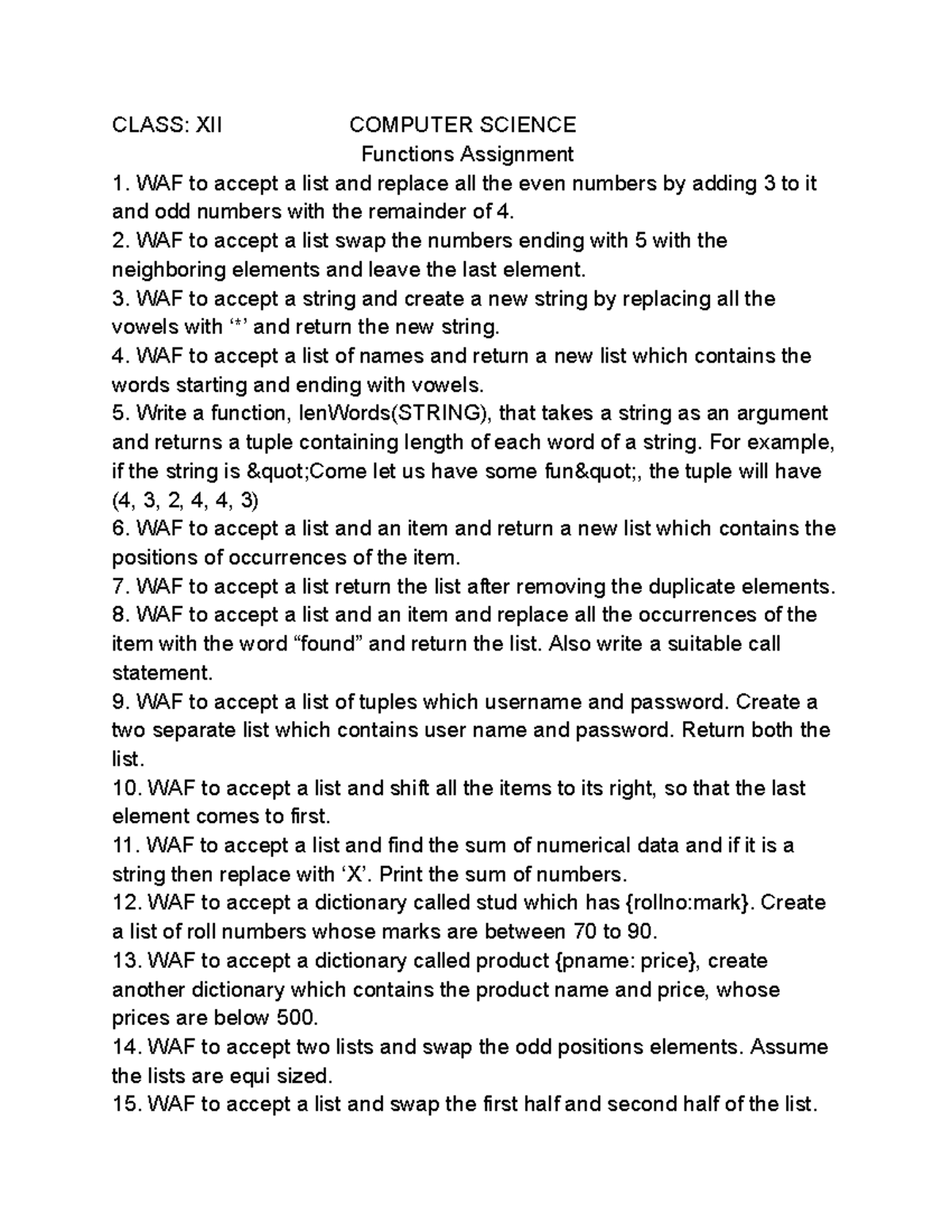 Functions Assignment - CLASS: XII COMPUTER SCIENCE Functions Assignment ...