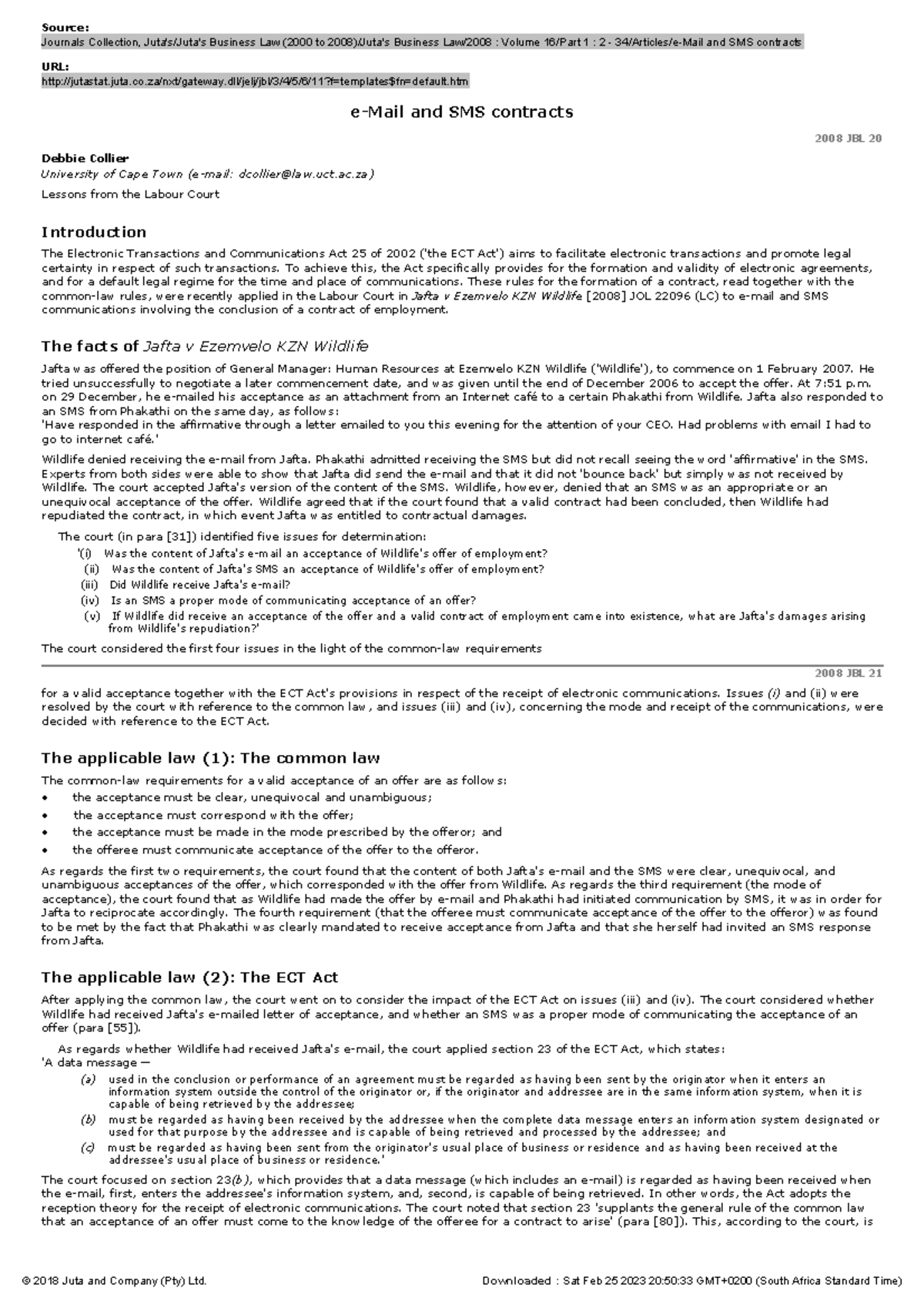 EMail and SMS contracts Source Journals Collection, Juta's/Juta's