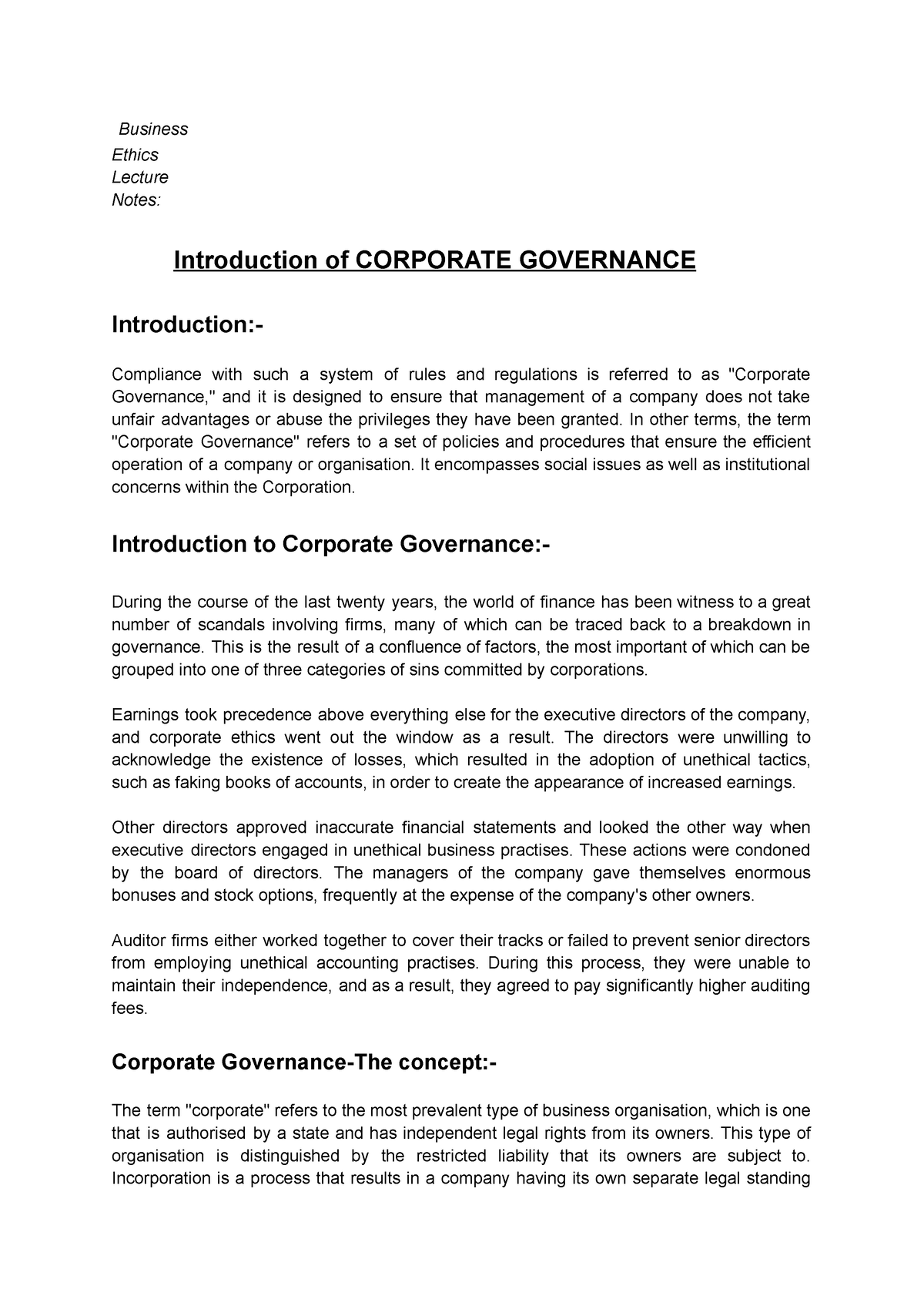 Introduction Of Corporate Governance - Business Ethics Lecture Notes ...