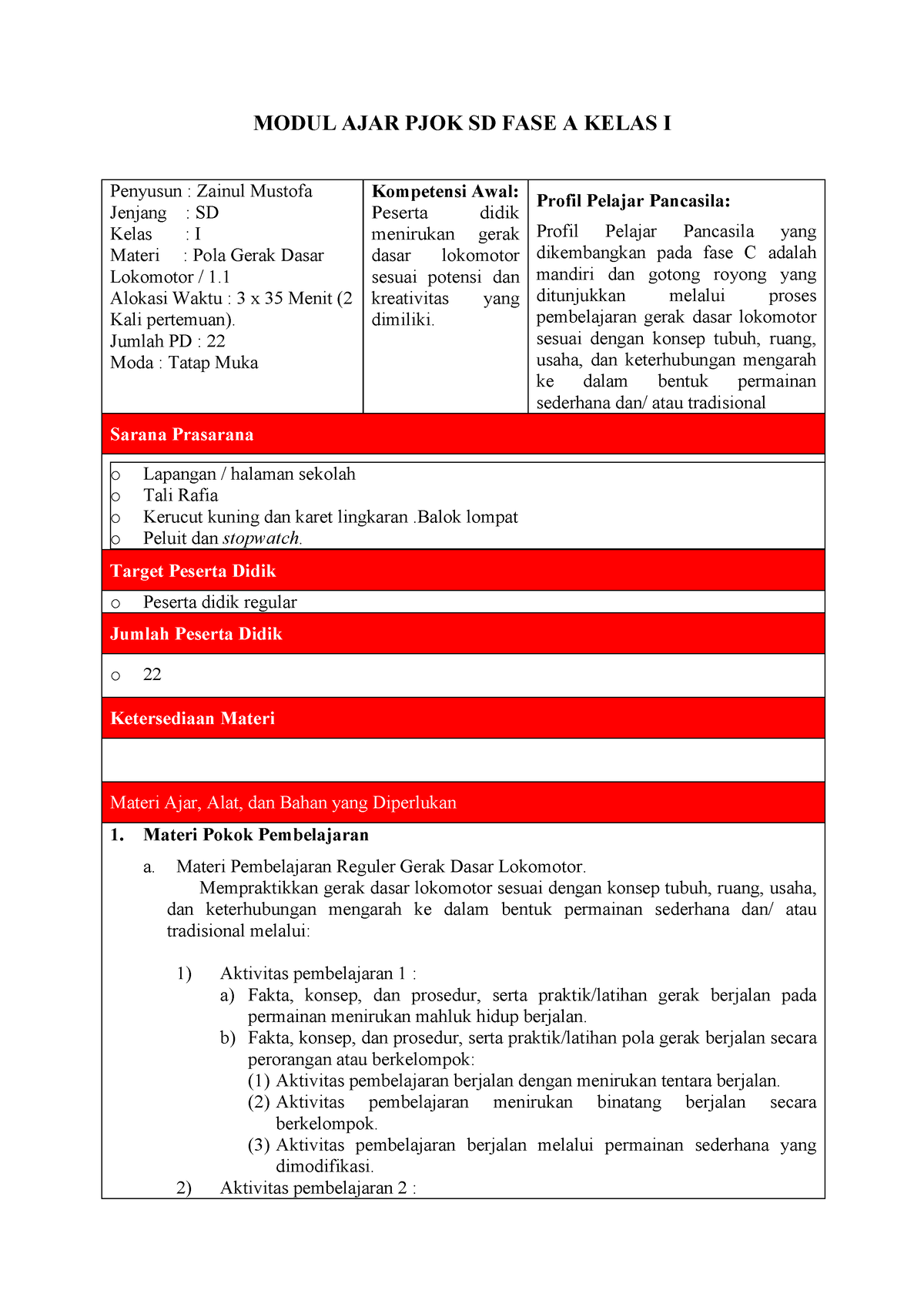 Modul Ajar Kelas 1 - MODUL AJAR PJOK SD FASE A KELAS I Penyusun ...