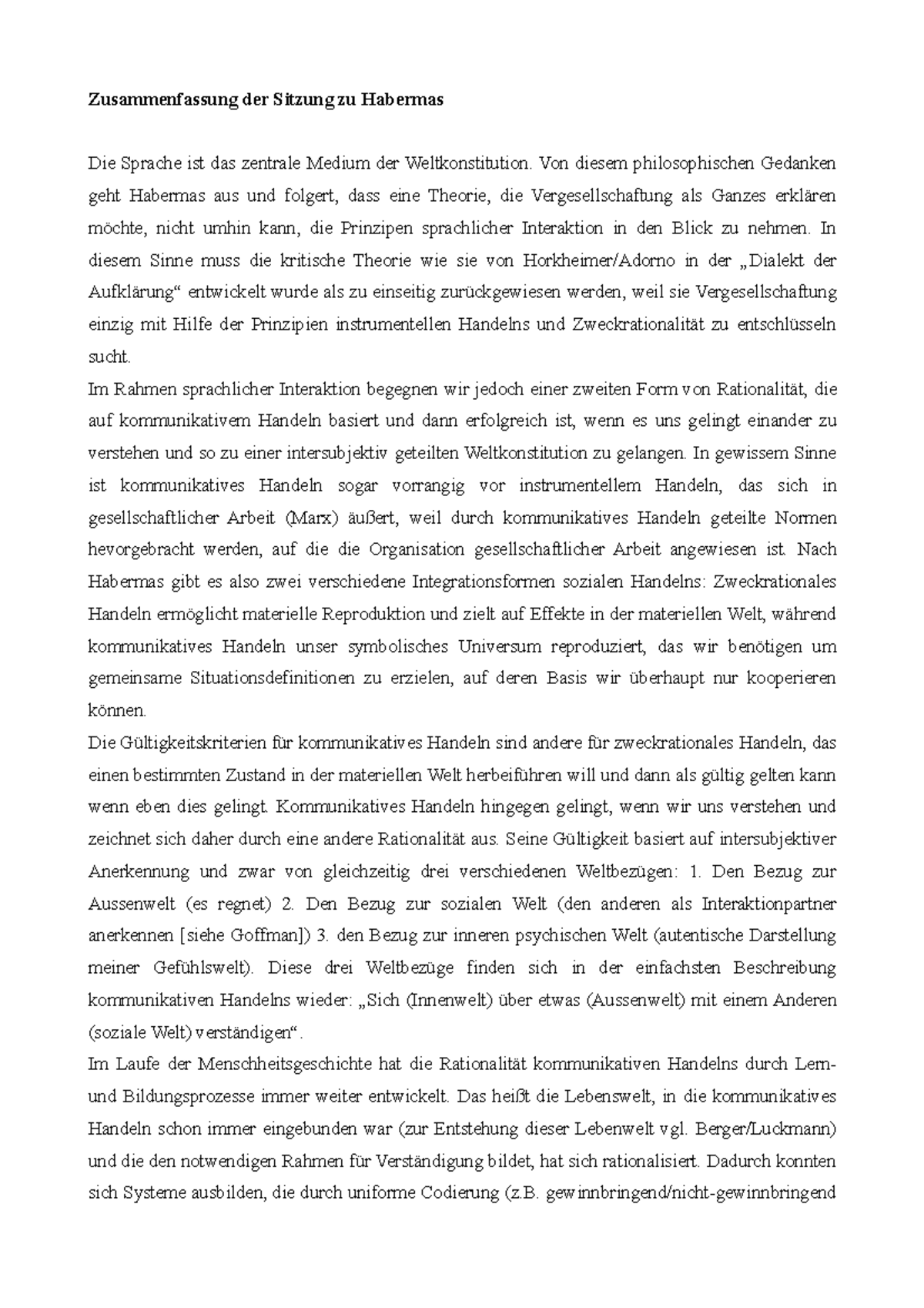 Zusammenfassung Habermas - Zusammenfassung der Sitzung zu Habermas Die ...