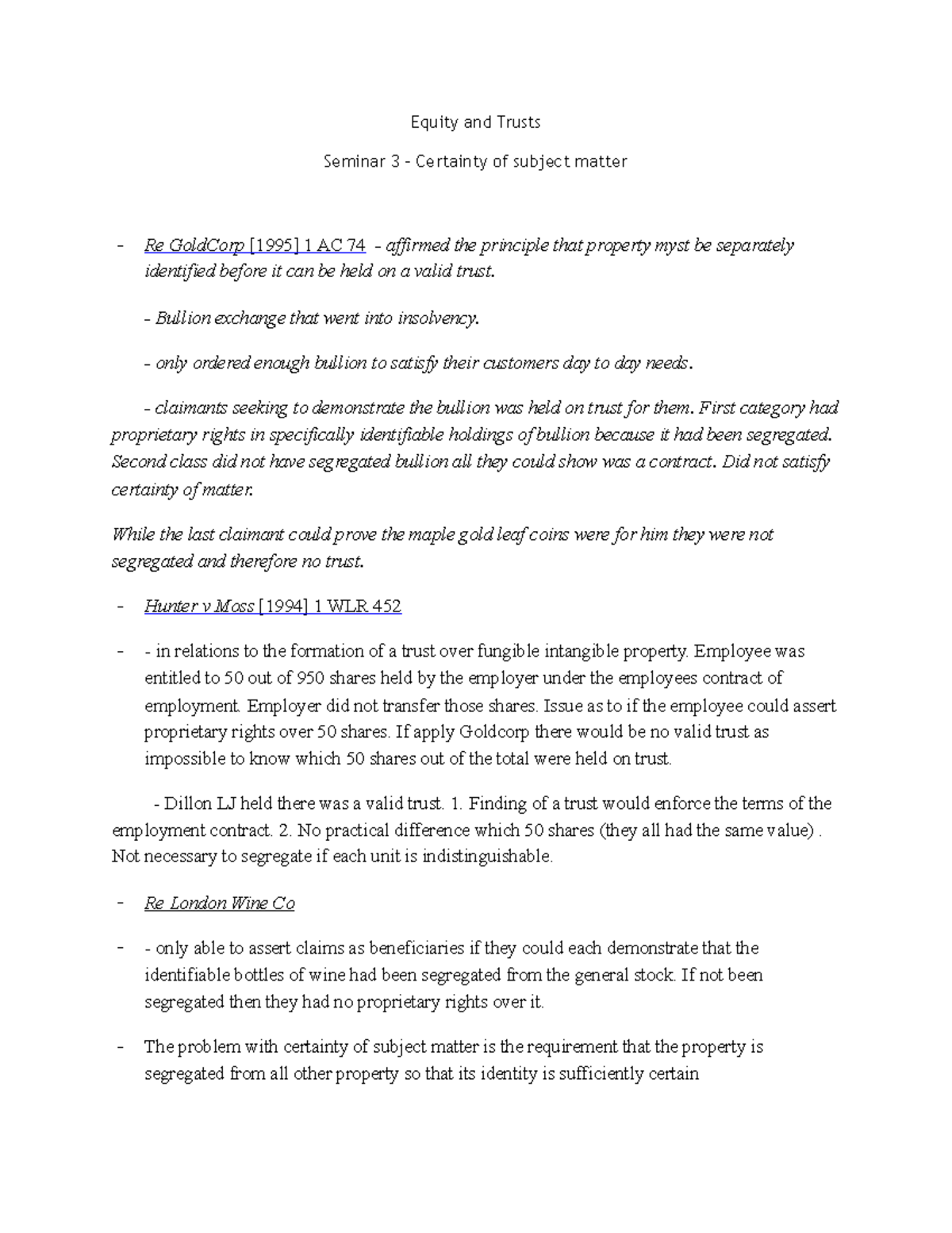 Seminar 3 - certainty of subject matter - Equity and Trusts Seminar 3 ...