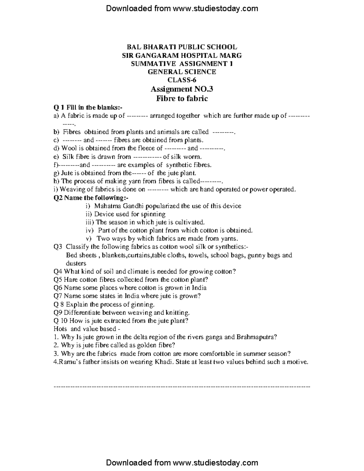 CBSE Class 6 General Science Practice Worksheets BAL BHARATI PUBLIC