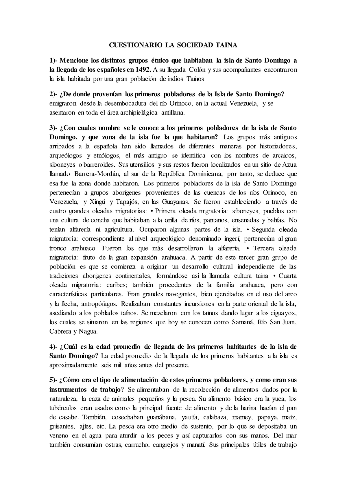 Cuestionario Pobladores Prehispanico Unida 4 - CUESTIONARIO LA SOCIEDAD ...