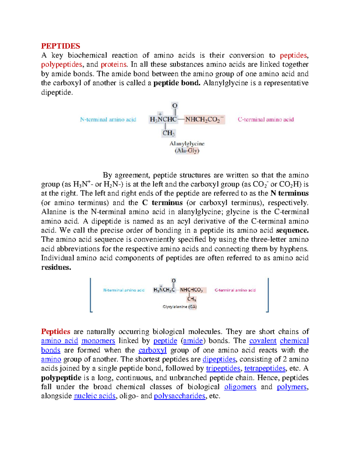 Peptides - Notes - PEPTIDES A key biochemical reaction of amino acids ...