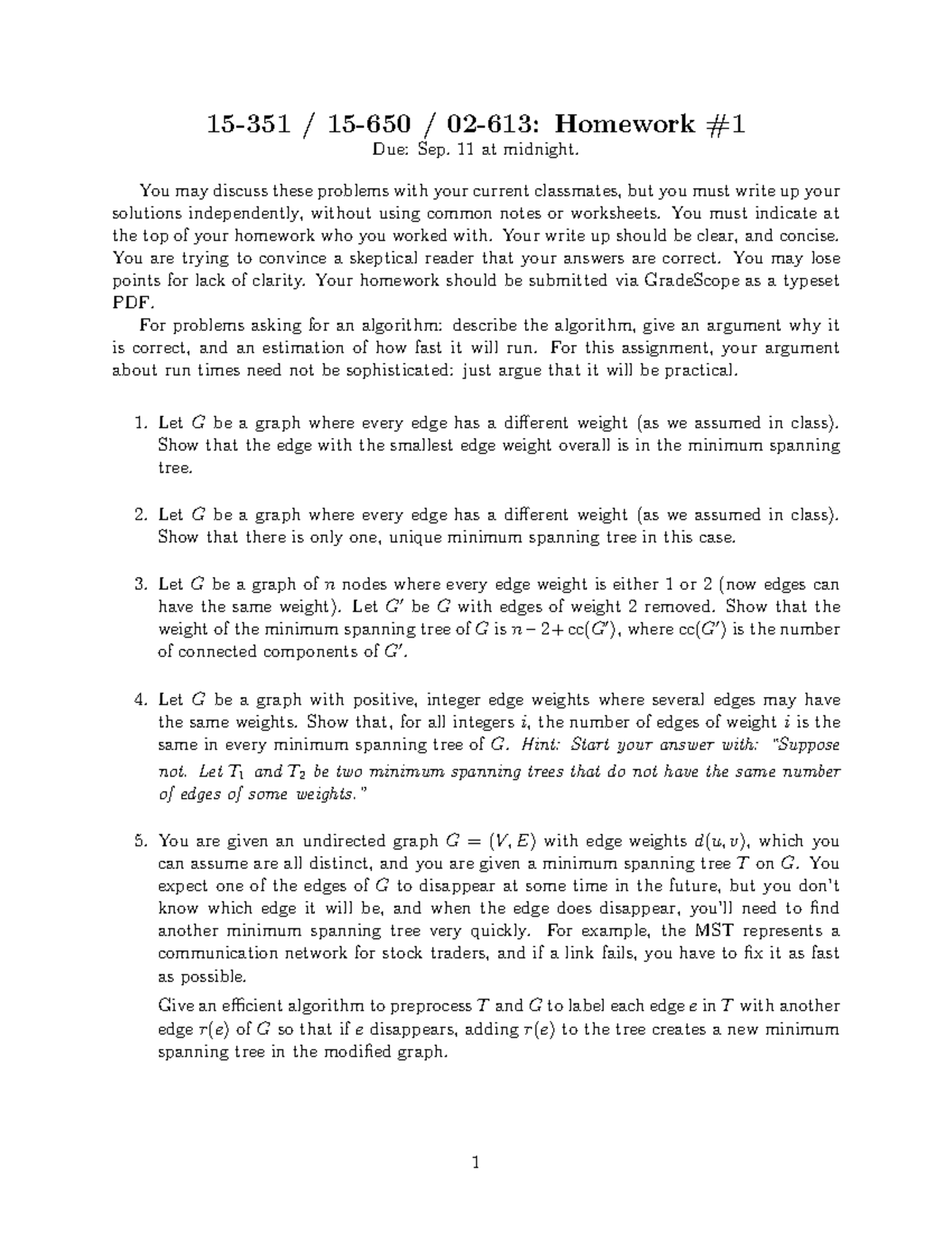 Homework 1 page 1 - 15-351 / 15-650 / 02-613: Homework Due: Sep. 11 at ...