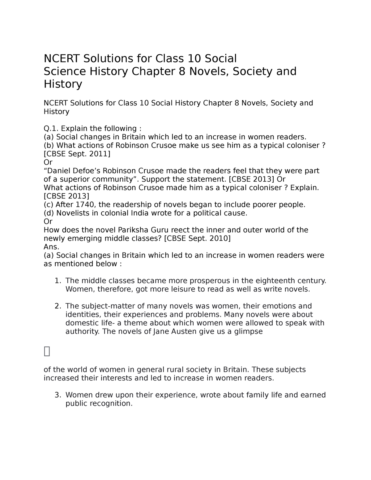 H8 Assignment 8 Ncert Solutions For Class 10 Social Science History Chapter 8 Novels Society 2801