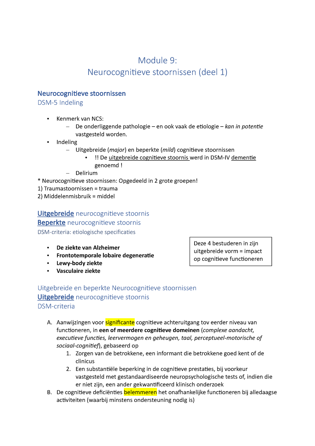 Module Psychiatrie Les Neurocognitieve Stoornissen Deel Module Neurocogni Eve Studocu