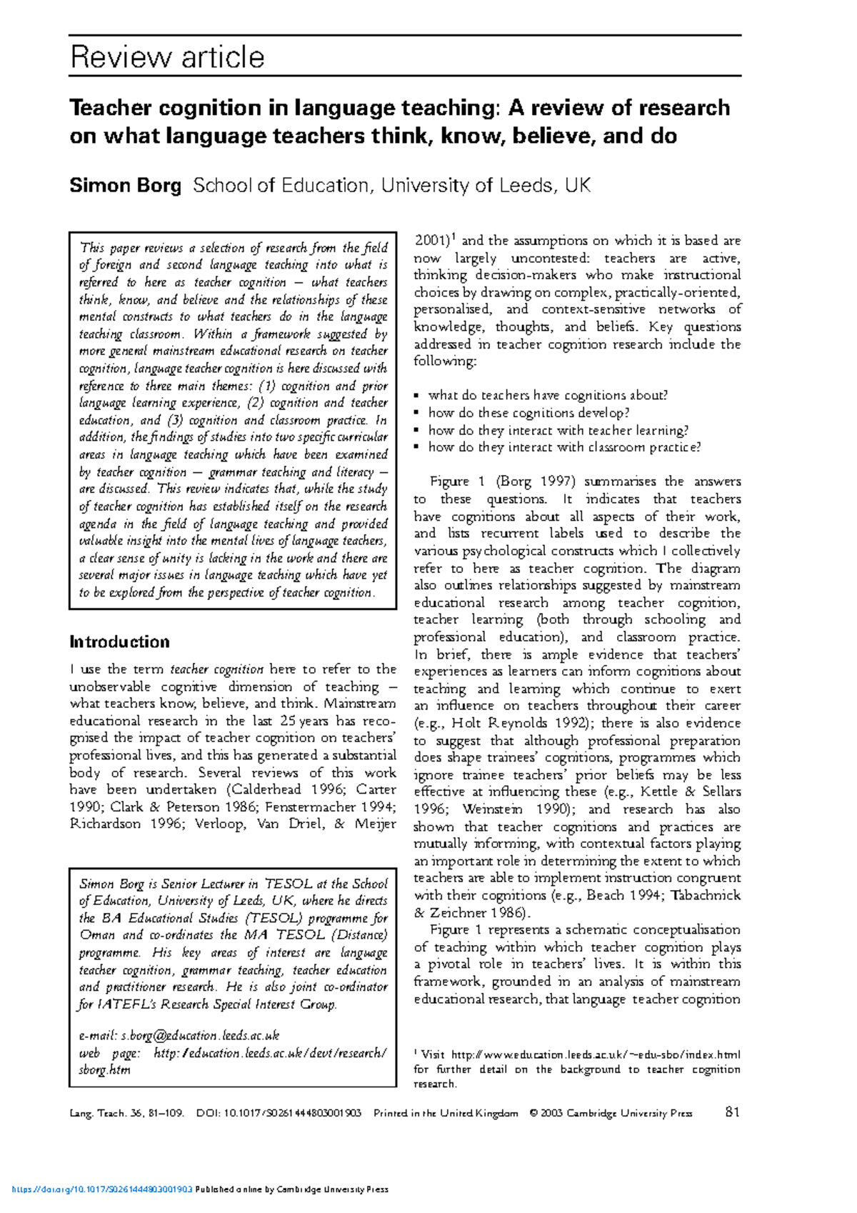 Teacher cognition in language teaching a review of research on what ...