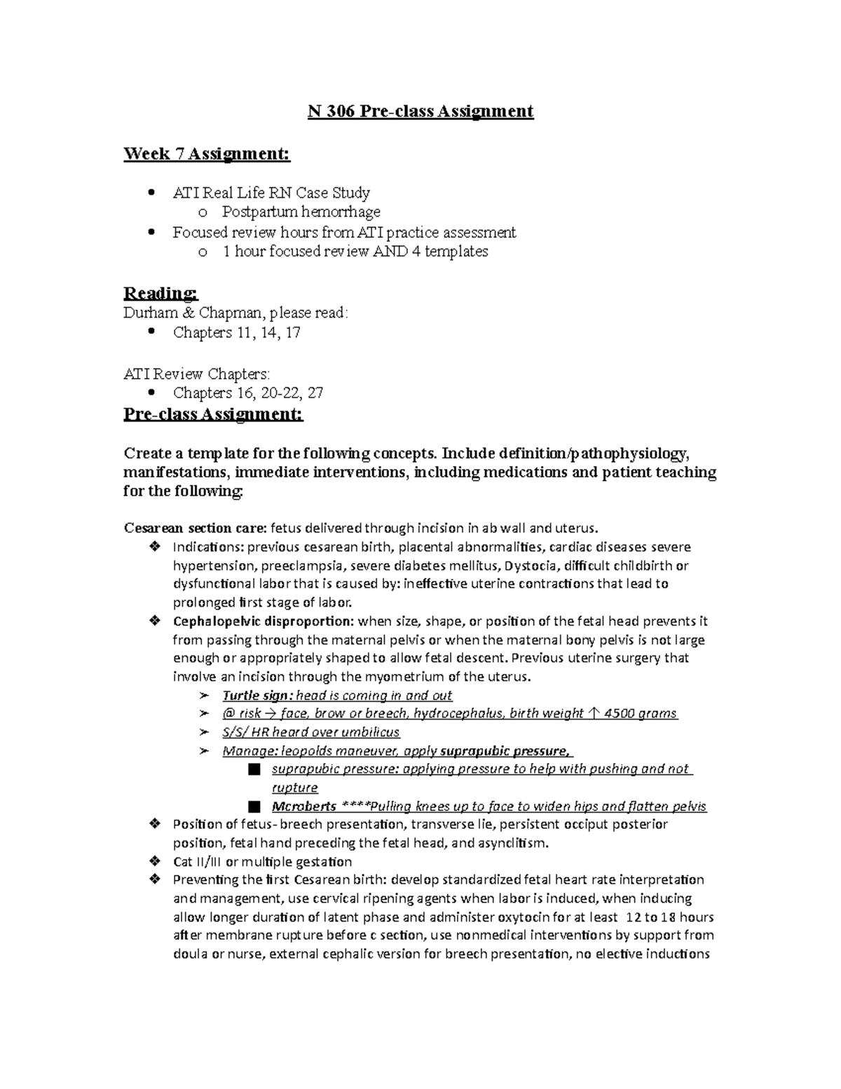 N306 week 7 PCA - N 306 Pre-class Assignment Week 7 Assignment: ATI ...