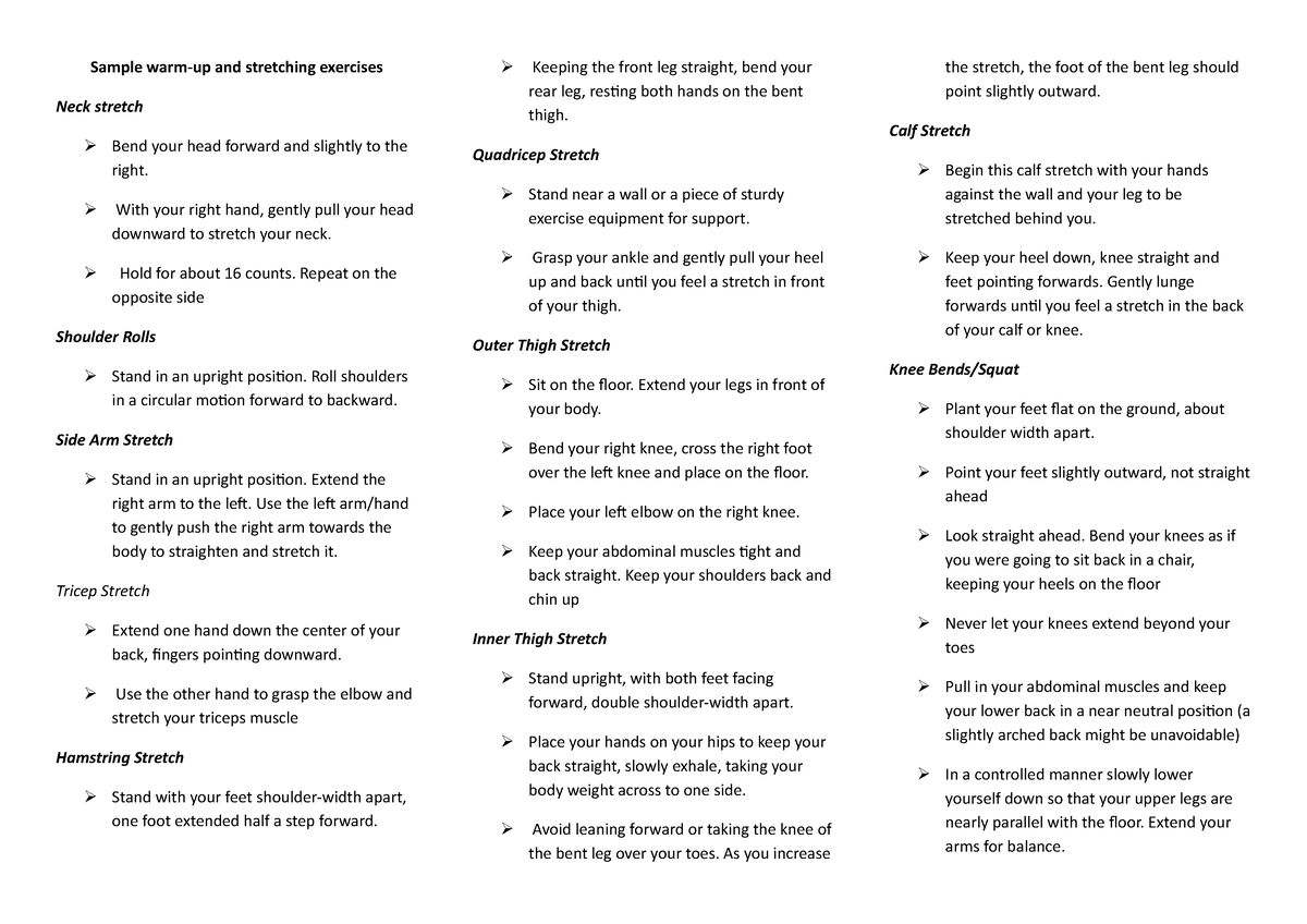 Sample warm up & stretching Notes in PE - Sample warm-up and stretching ...