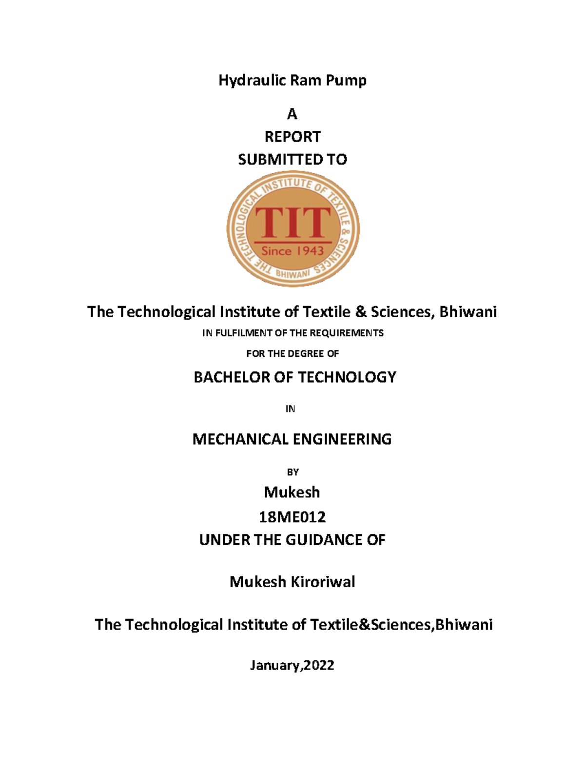 Hyd ram3 pdf for project report Hydraulic Ram Pump A REPORT