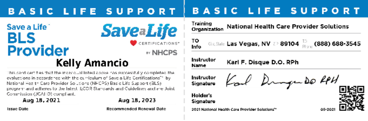 Bls basic life support certification course id card - Derecho - Kelly ...