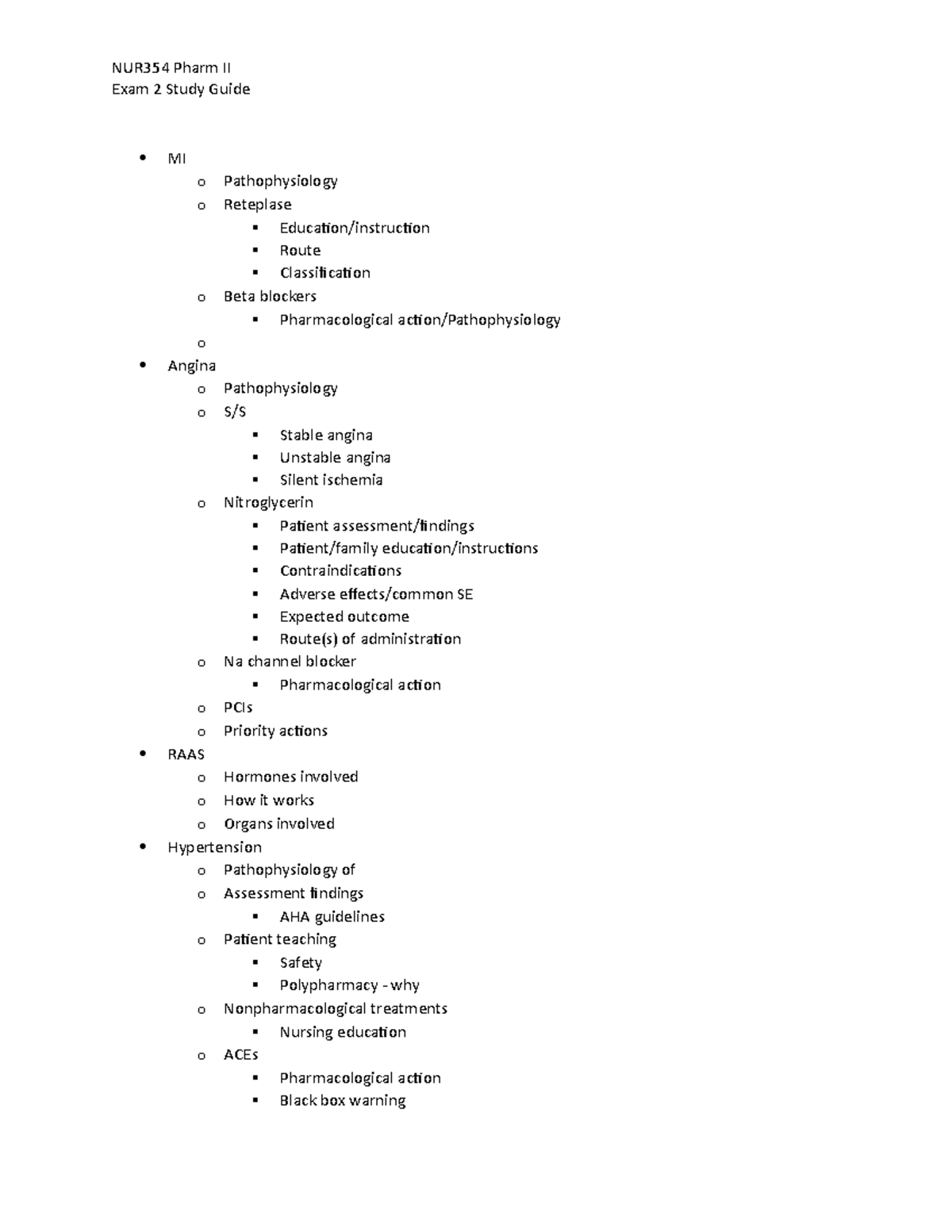Exam 2 Study Guide Template - NUR354 Pharm II Exam 2 Study Guide MI o ...