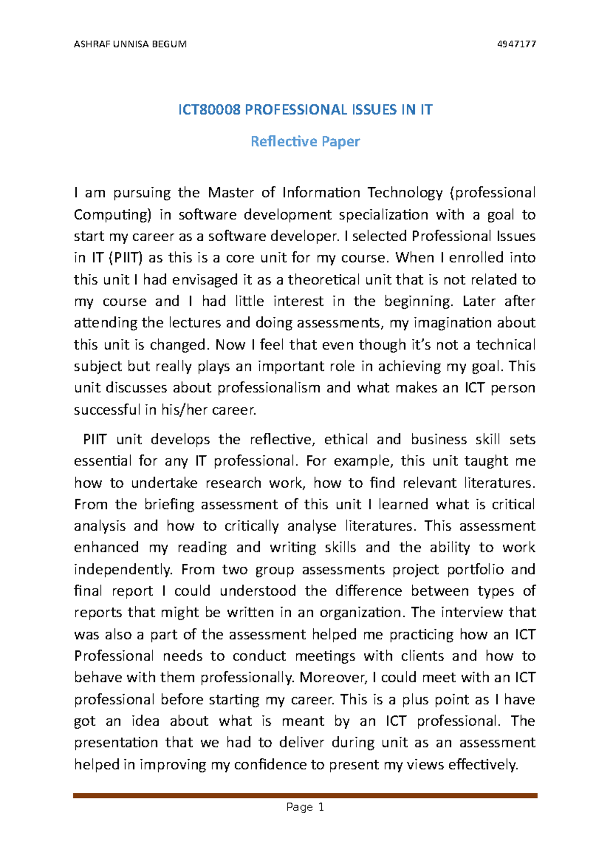 4947177 Reflective Paper - ICT80008 PROFESSIONAL ISSUES IN IT ...