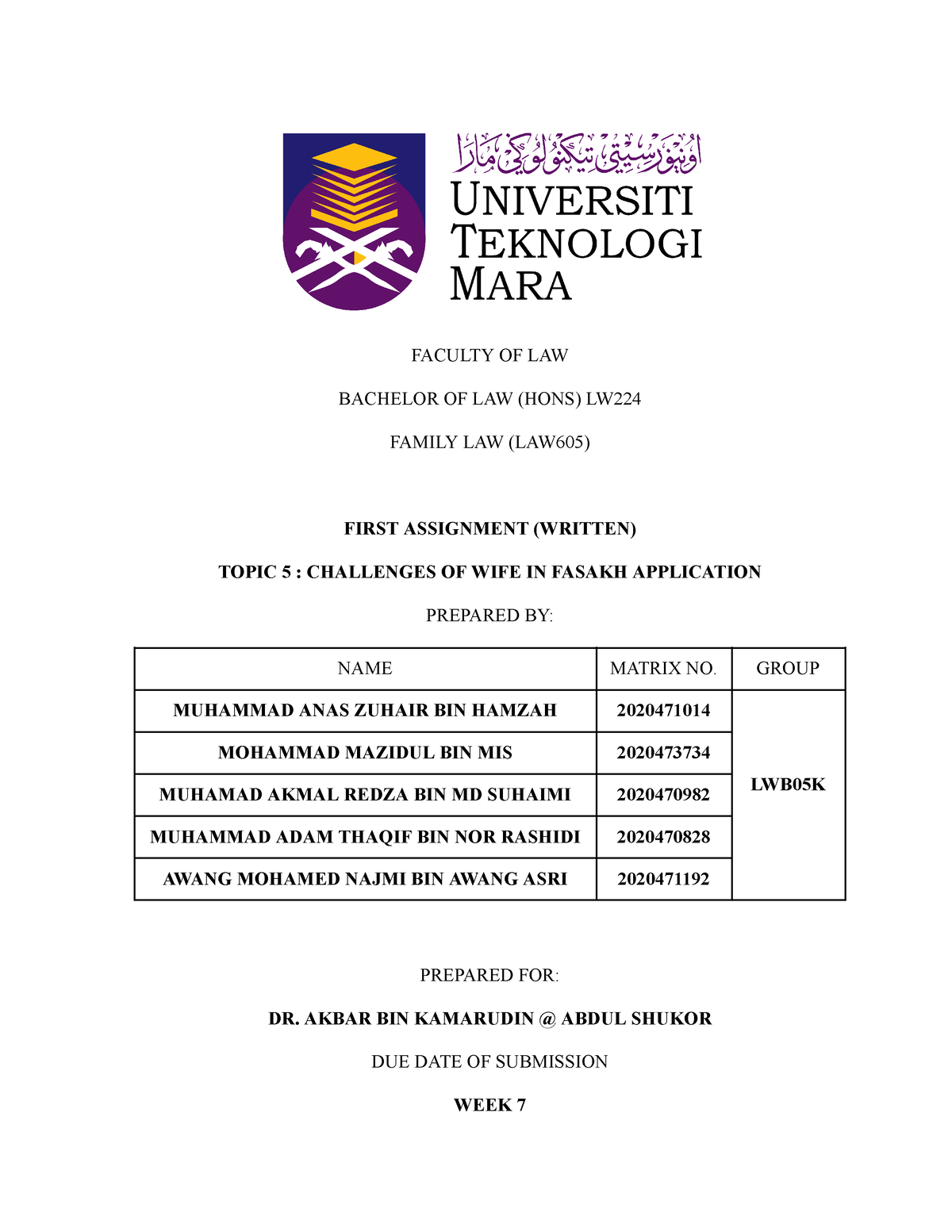 Family LAW Assignment - FACULTY OF LAW BACHELOR OF LAW (HONS) LW FAMILY ...