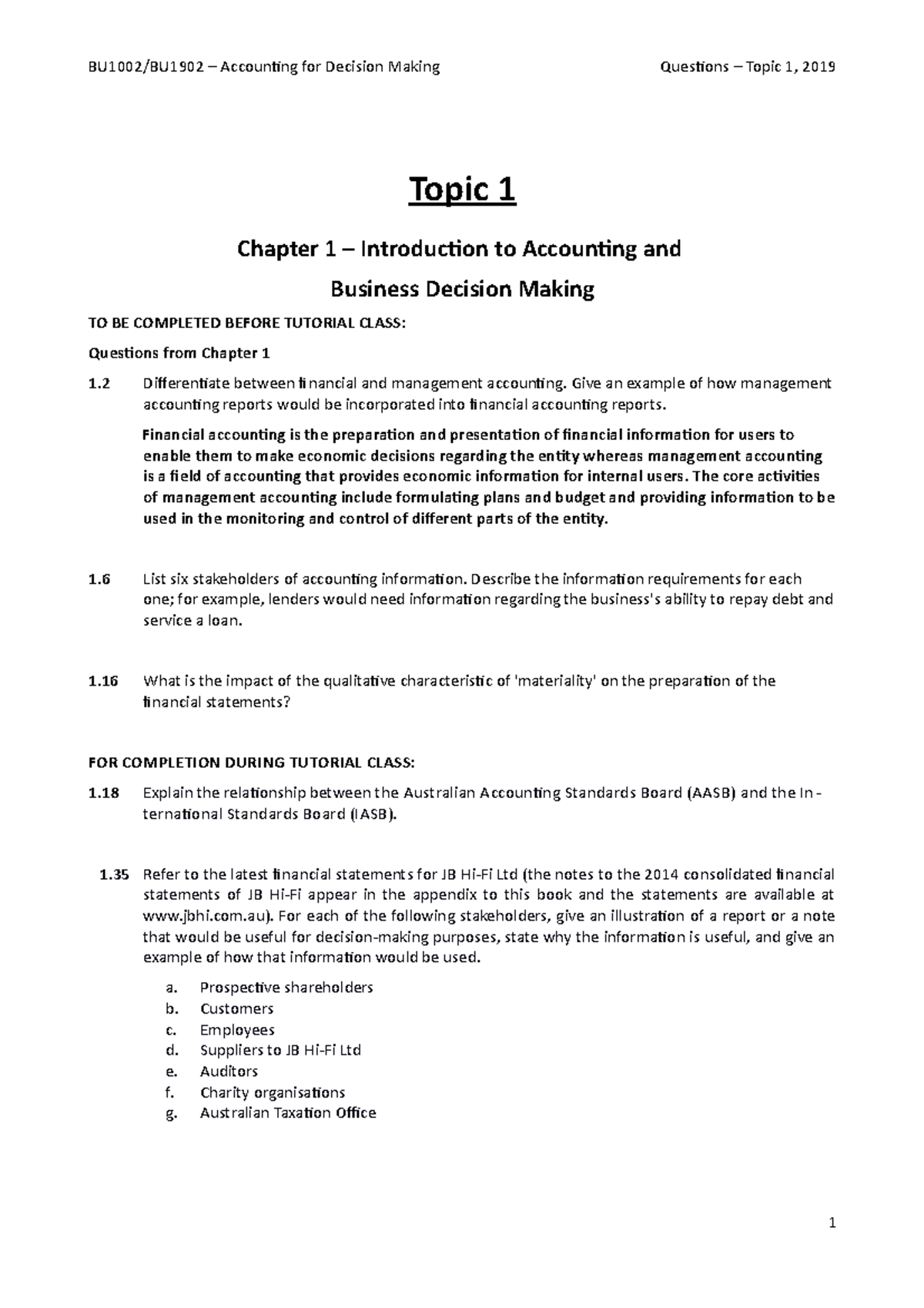 Topic 1 - Tutorial Questions 2019 - BU1002/BU1902 – Accounting For ...