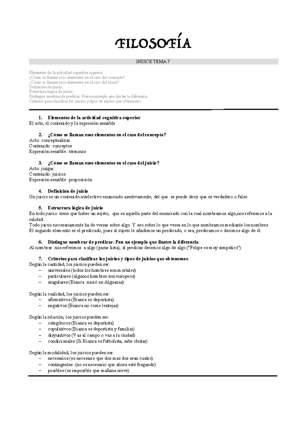 Tema 7 8 9 Y 10 Filosofía FilosofÍa Indice Tema 7 Elementos De La Actividad Cognitiva