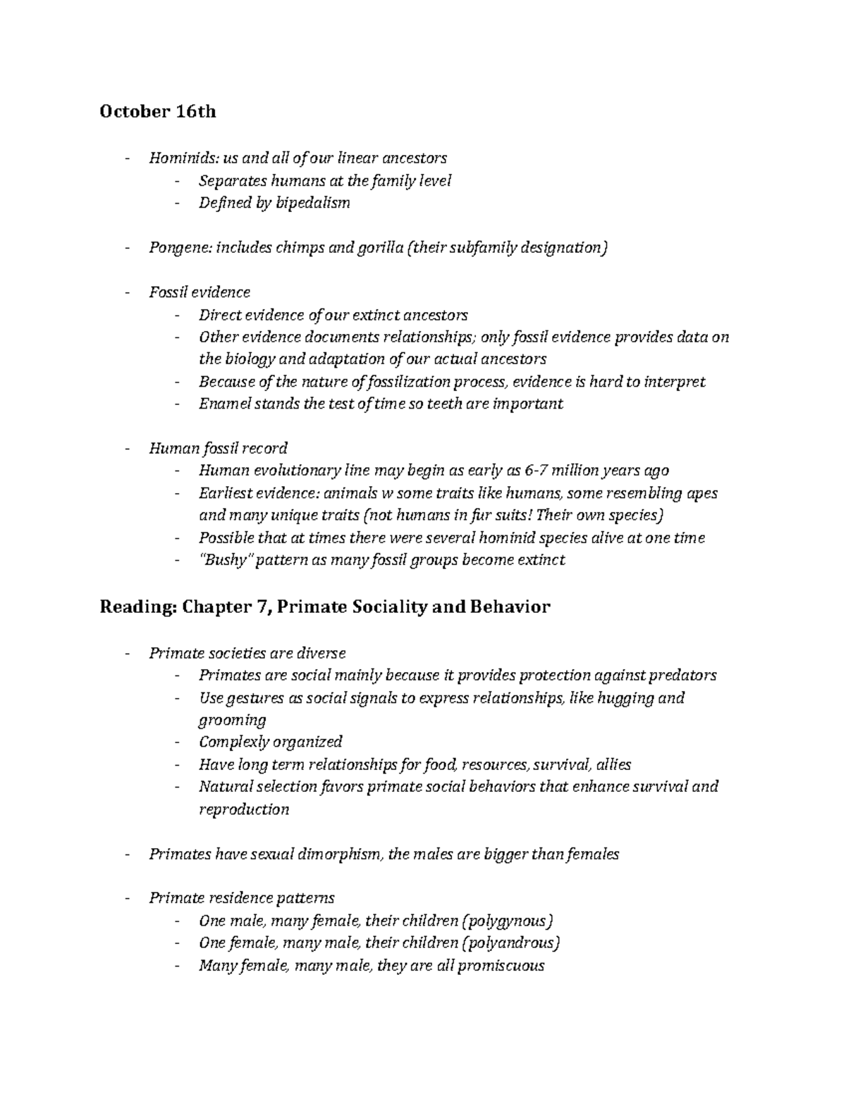 Class 12 Notes Hominids, fossil evidence, human fossil record
