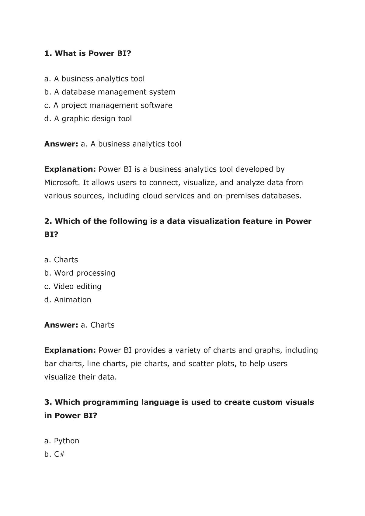 MCQ Power Bi - What Is Power BI? A. A Business Analytics Tool B. A ...