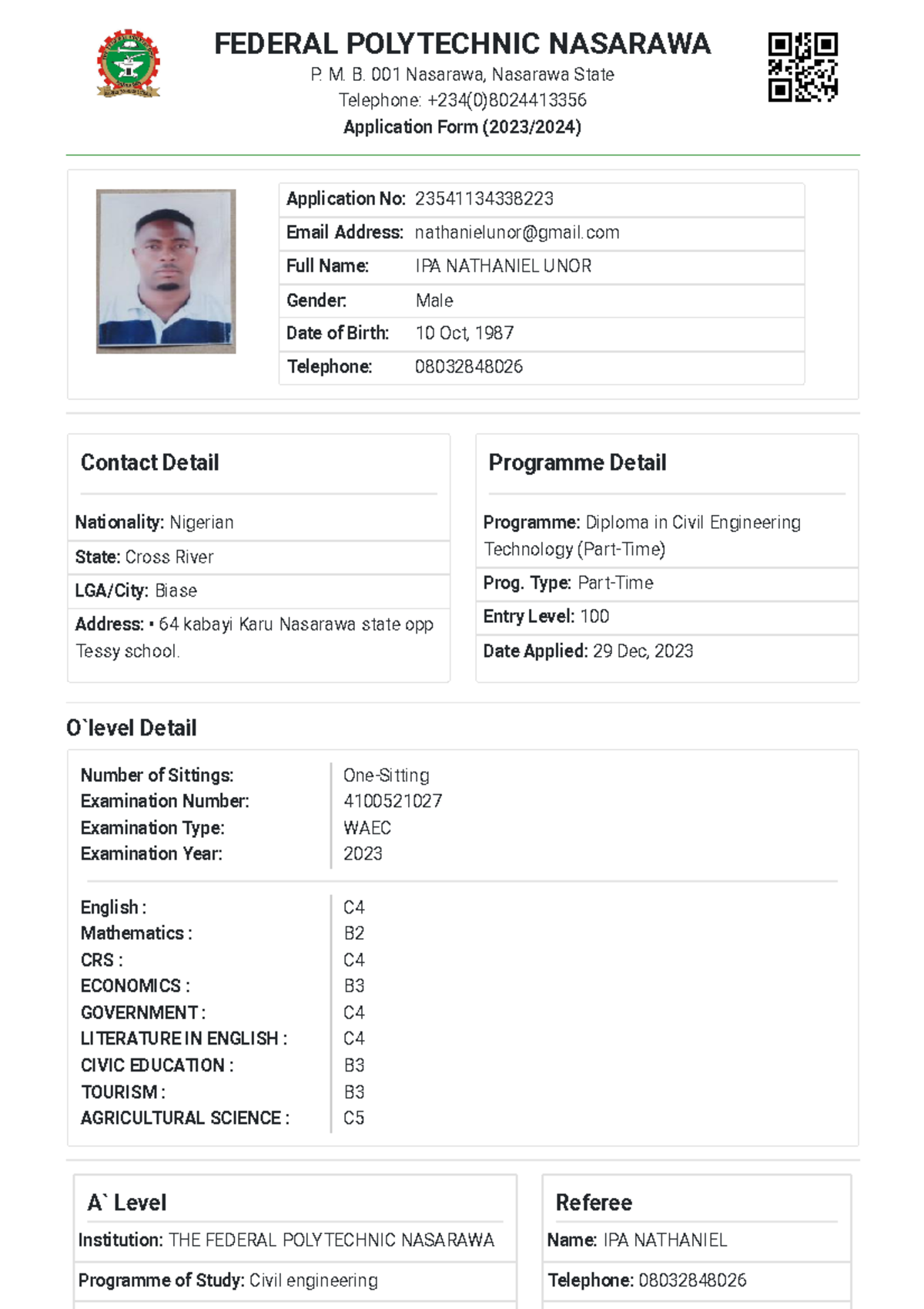 FPN Application Preview - O`level Detail FEDERAL POLYTECHNIC NASARAWA P ...