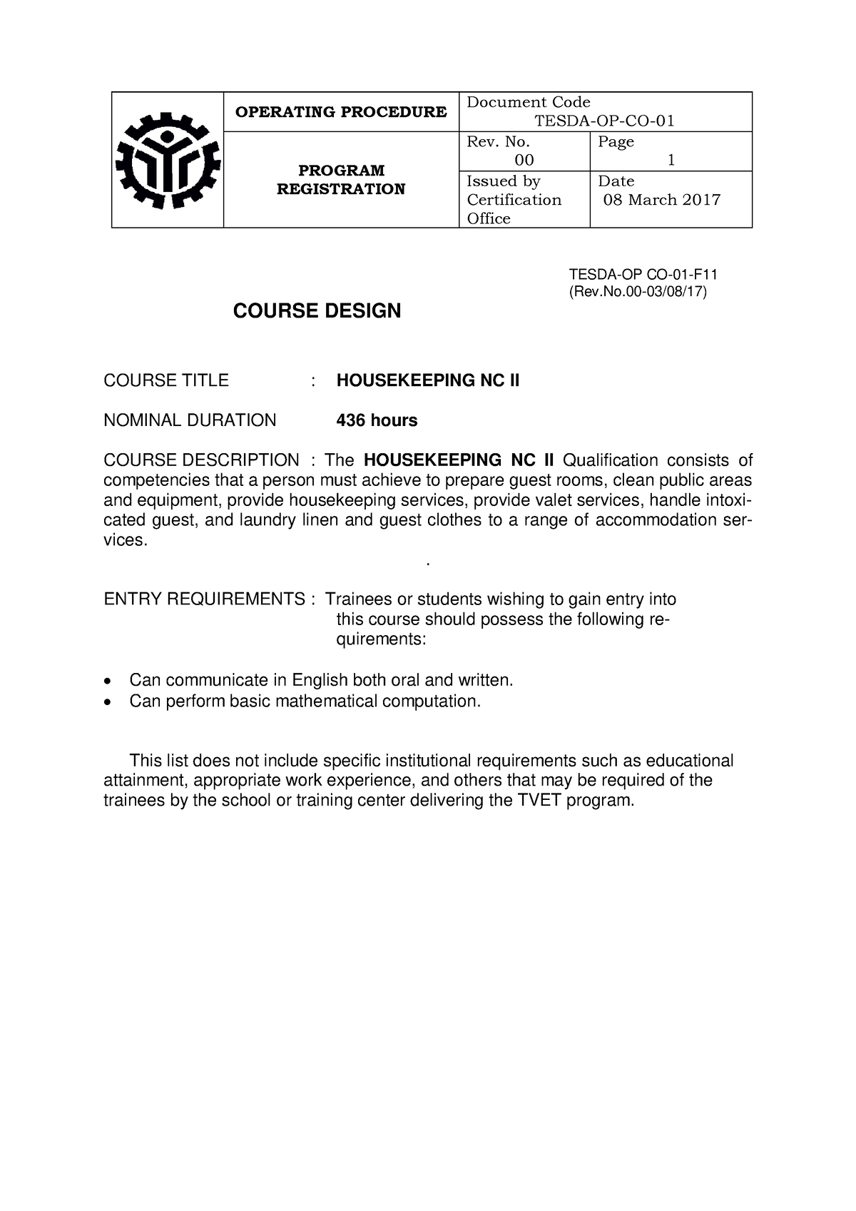 CBC Housekeeping NC II 21st OPERATING PROCEDURE TESDA OP CO PROGRAM   Thumb 1200 1697 