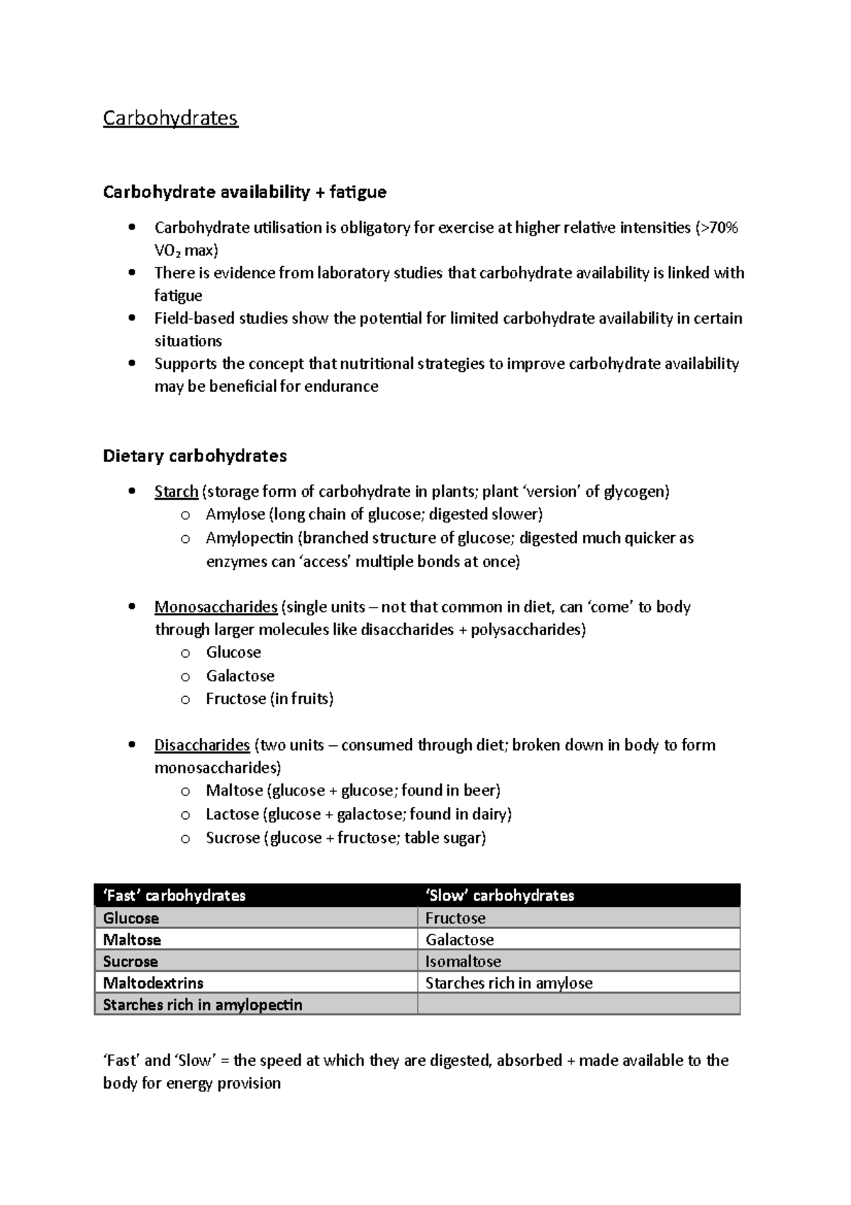 notes from Carbohydrates lecture - Carbohydrates Carbohydrate ...