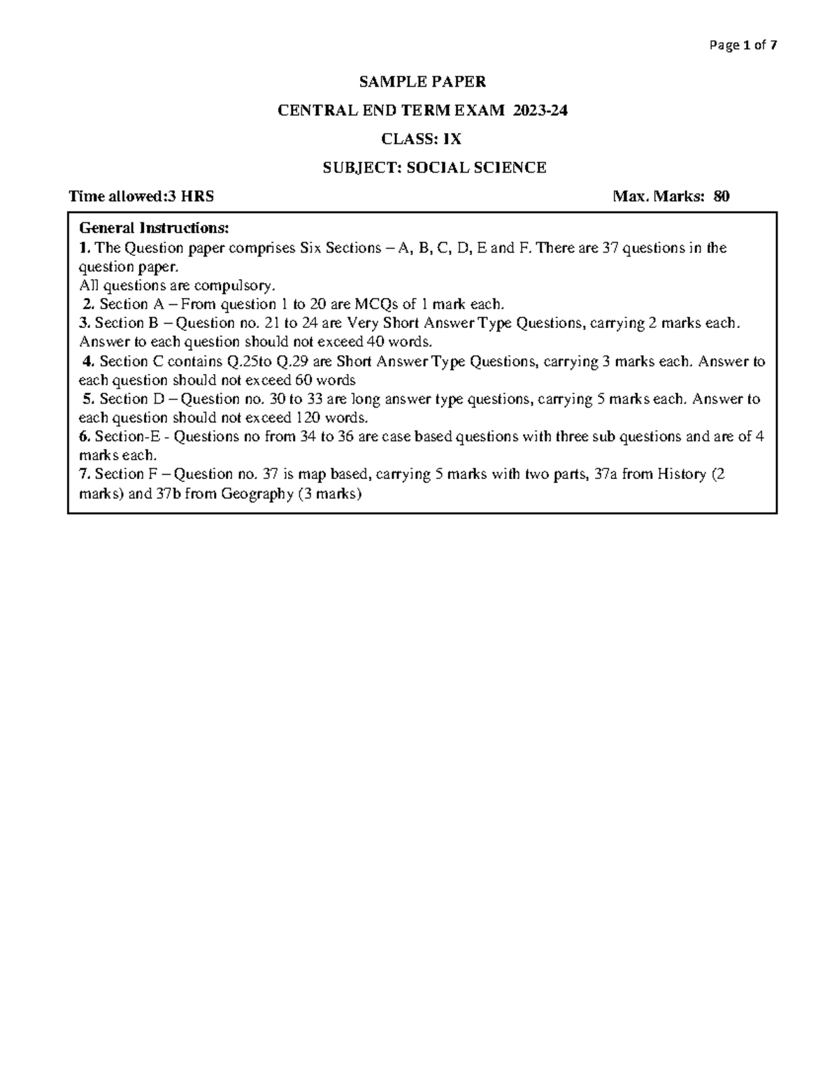 Sample Paper Social Science END TERM - SAMPLE PAPER CENTRAL END TERM ...