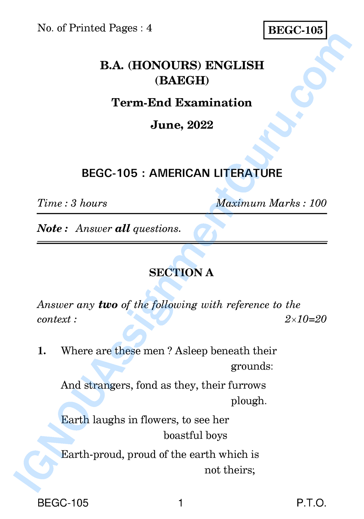 Begc 105 June 22 - Question Paper - BEGC-105 1 P.T. BEGC- B. (HONOURS ...