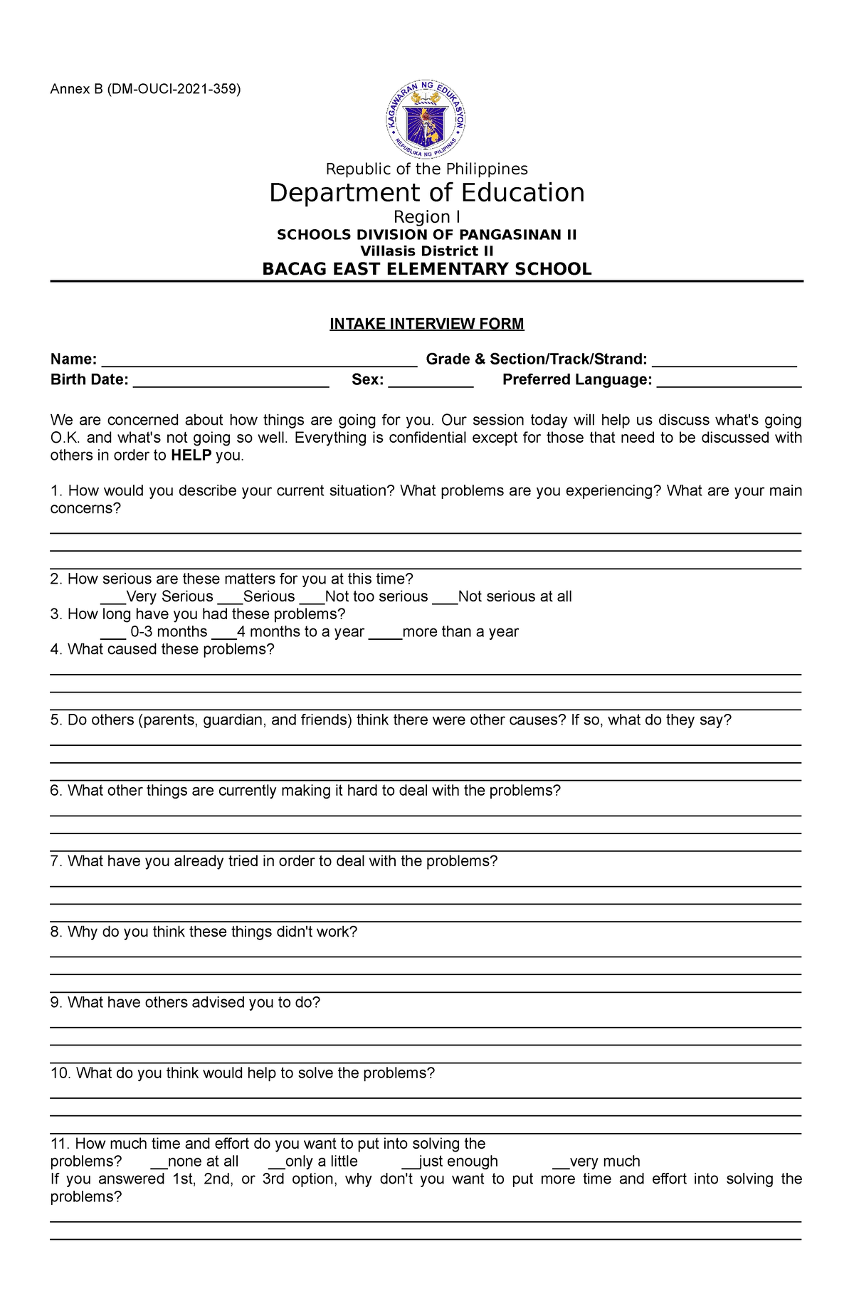 Intake Interview Form - For Your References - Annex B (DM-OUCI-2021-359 ...