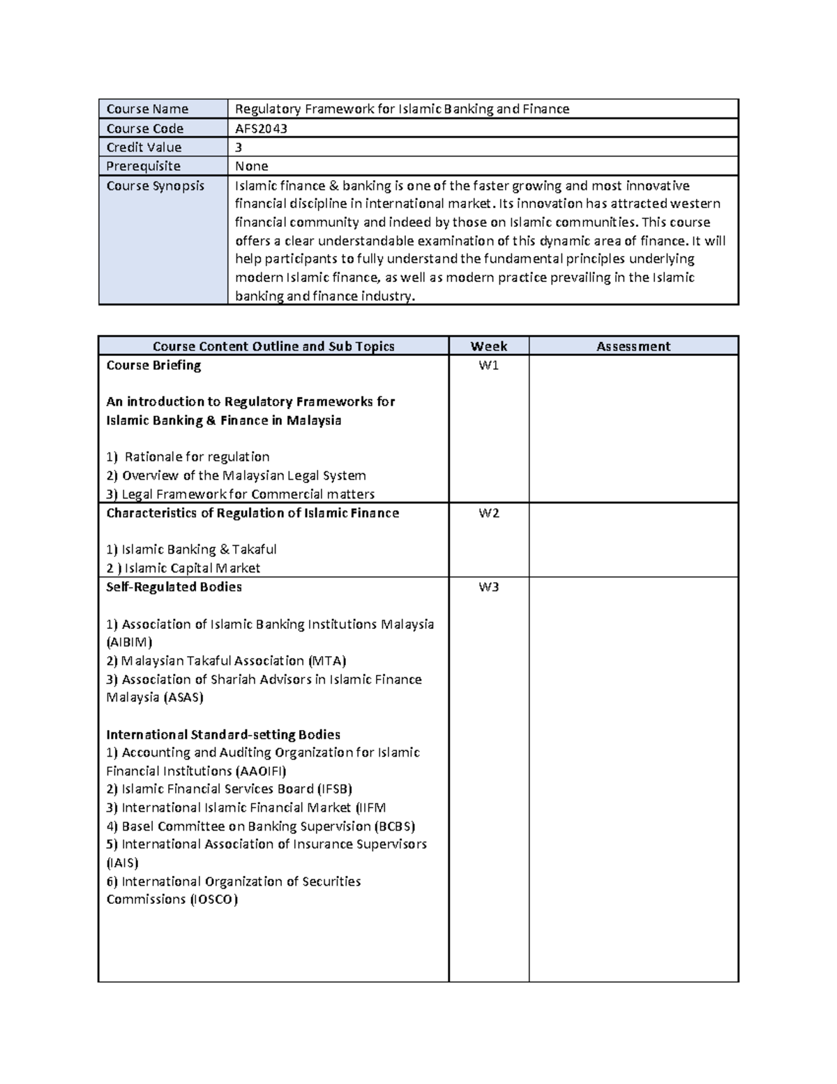 Teaching Plan - Afs2043 - Course Name Regulatory Framework For Islamic 