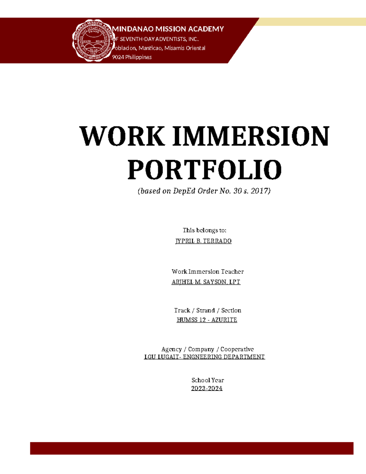 WORK Immersion - WORK IMMERSION PORTFOLIO (based on DepEd Order No. 30 ...