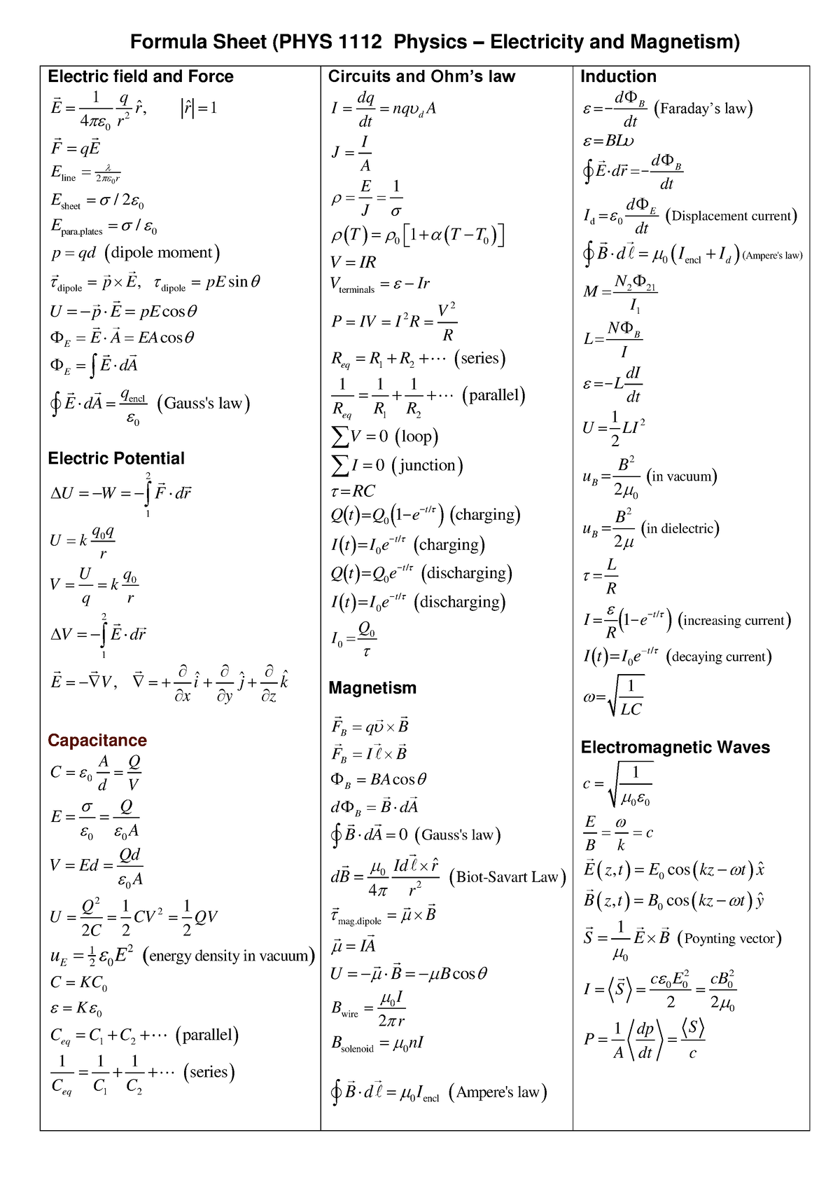 Formula Sheet for PHYS1112 Midterm Exam - Formula Sheet (PHYS 1112 ...