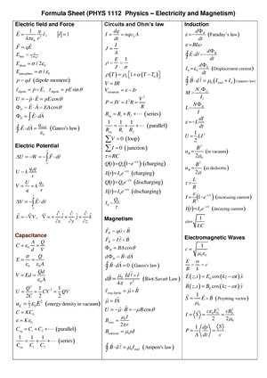 Formula Sheet for PHYS1112 Midterm Exam - Formula Sheet (PHYS 1112 ...