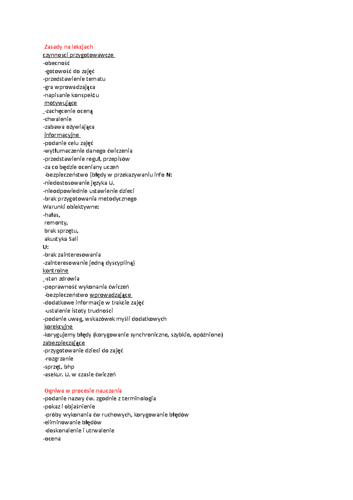 Dydaktyka wf notatki 2 - Zasady na lekcjach czynnosci przygotowawcze