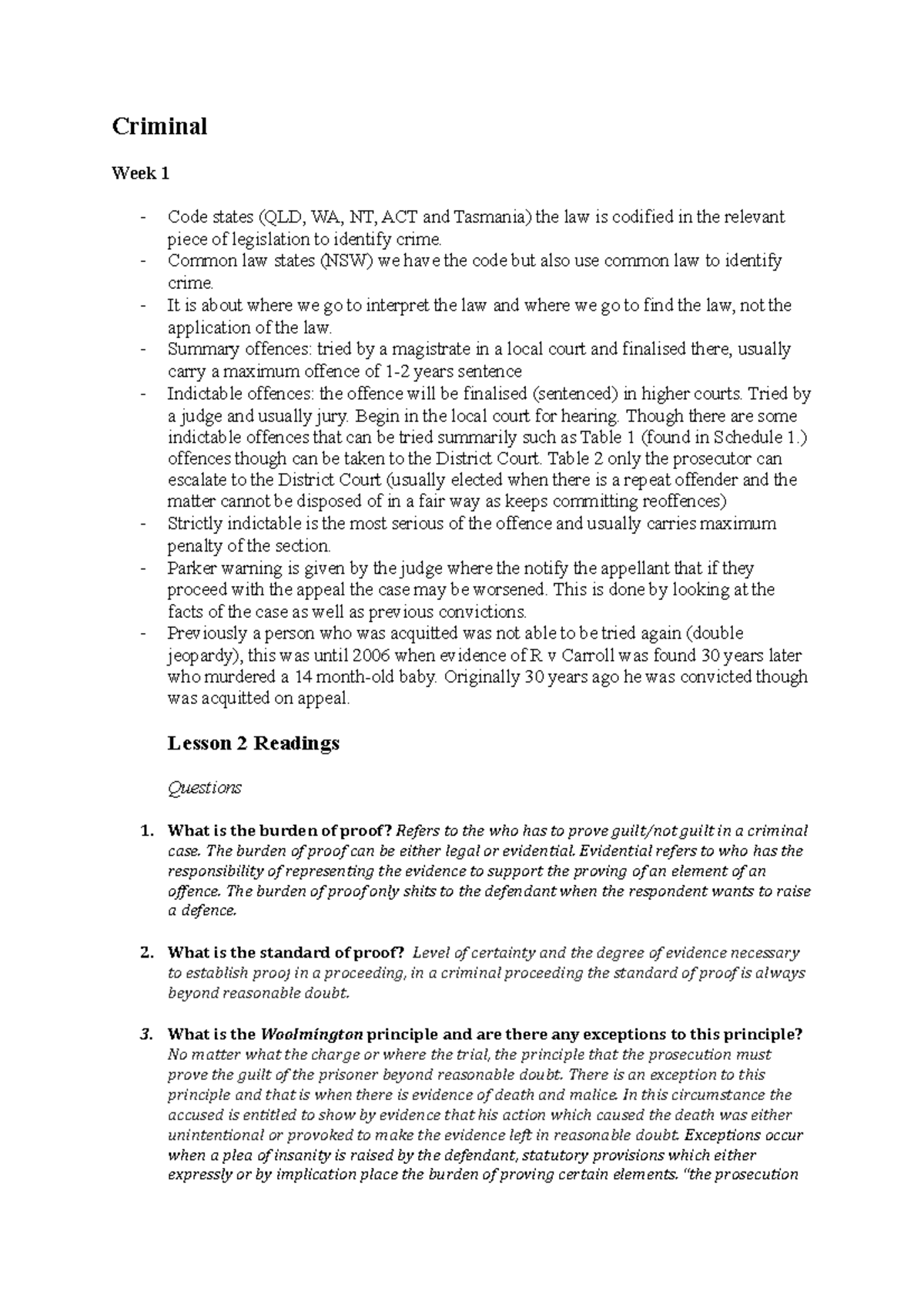Criminal Notes - Criminal Week 1 - Code states (QLD, WA, NT, ACT and ...