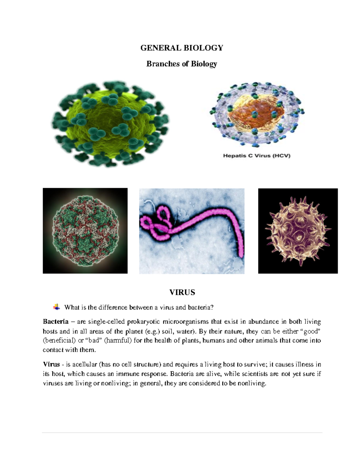 General Biology - CELL - Lecture Notes 1-10 - GENERAL BIOLOGY Branches ...