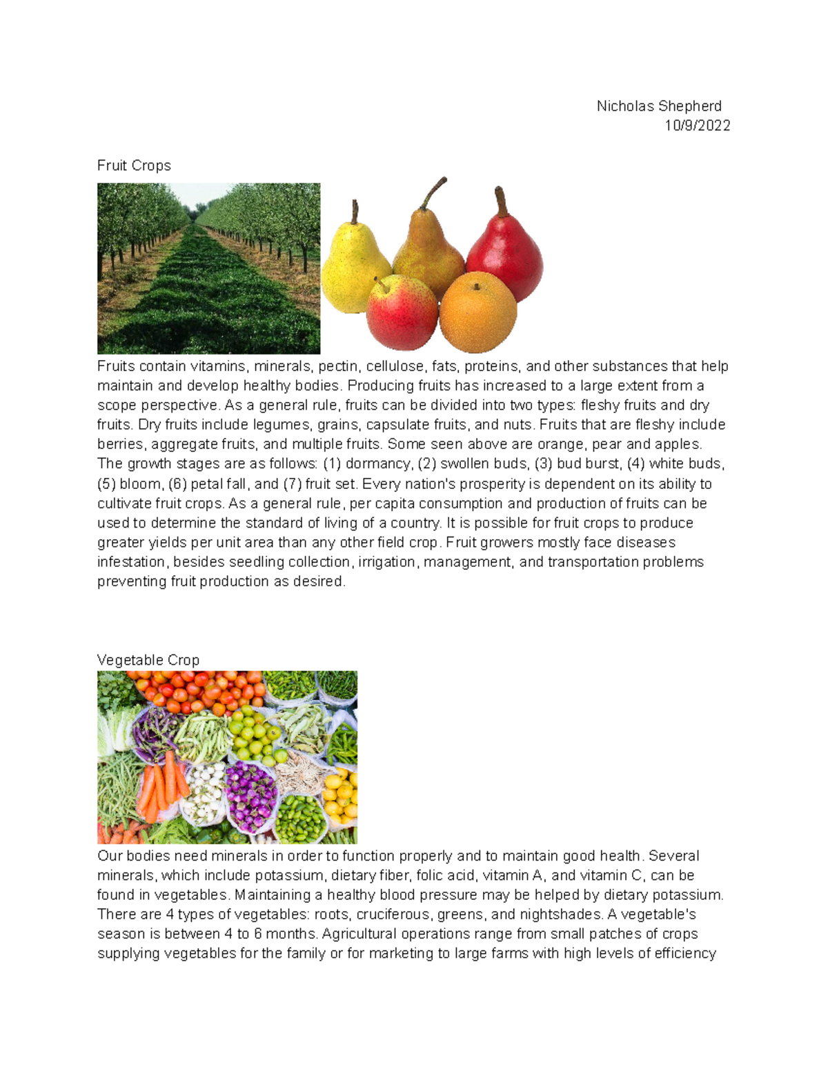 Lab 3 Lab Assignment Nicholas Shepherd 10/9/ Fruit Crops Fruits