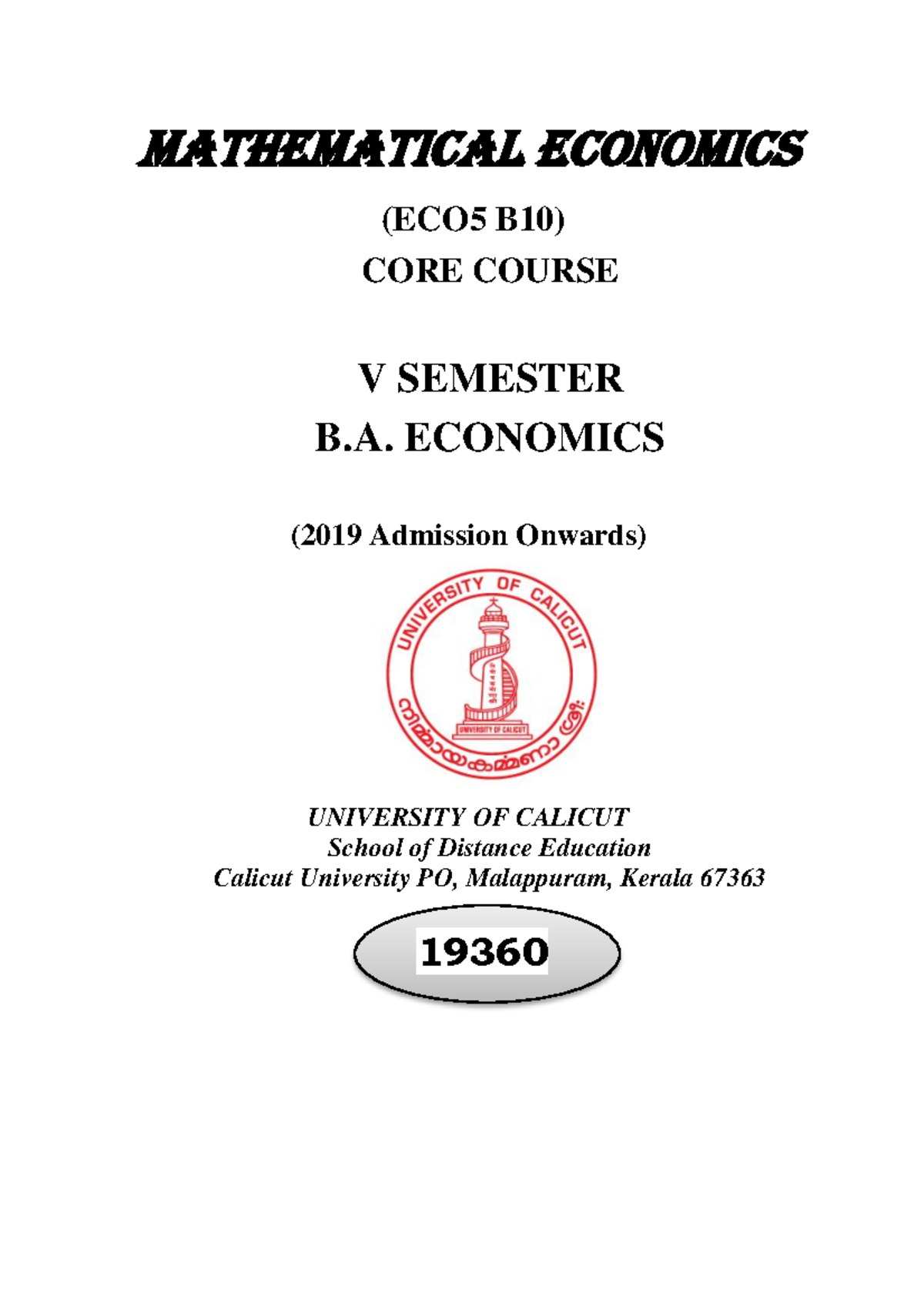 Mathematical economic - MATHEMATICAL ECONOMICS (ECO5 B10) CORE COURSE V ...