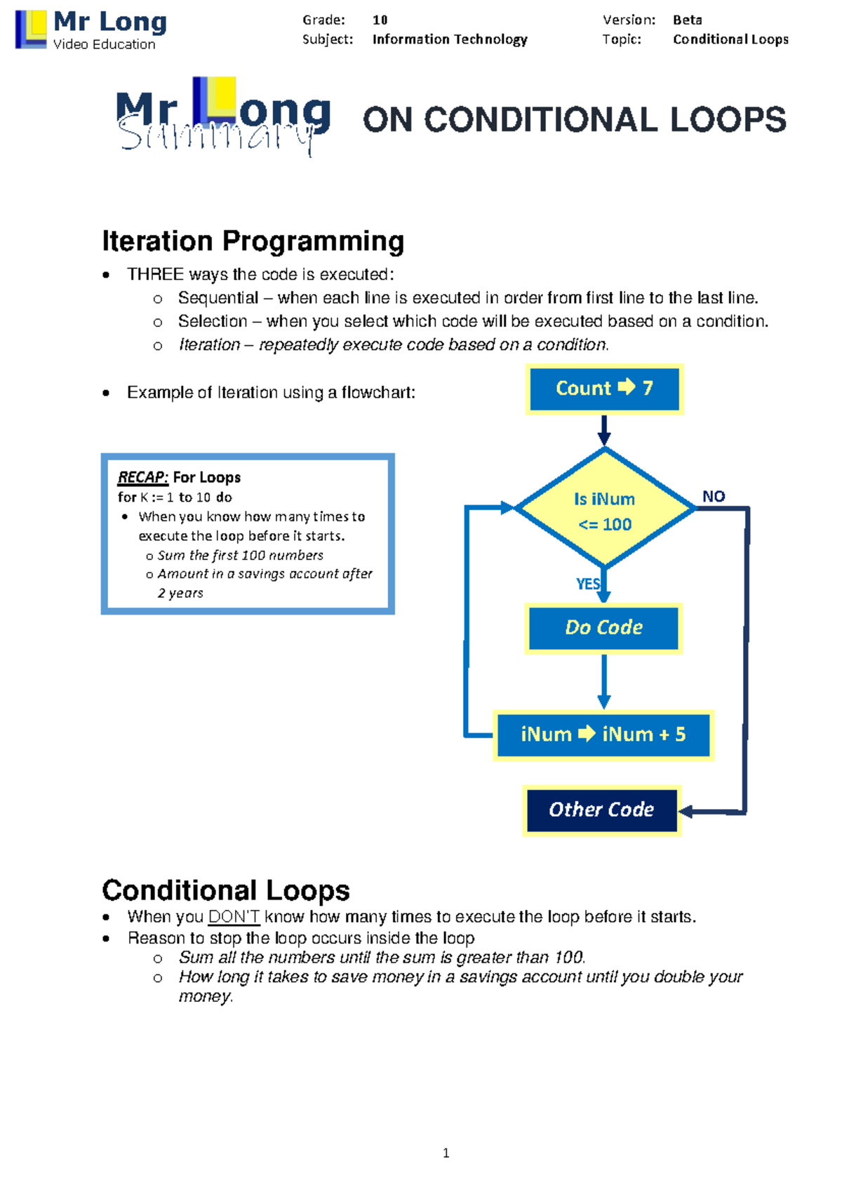 Conditional Loops Mr Long Summary - Subject: Information Technology ...